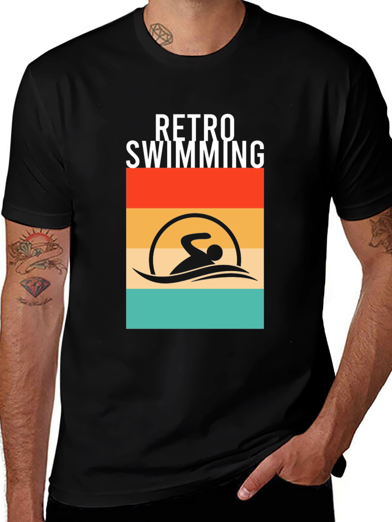 Retro Swimming T-Shirt - Black Cotton Tee