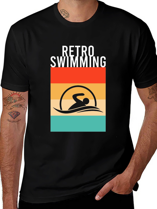 Retro Swimming T-Shirt - Black Cotton Tee