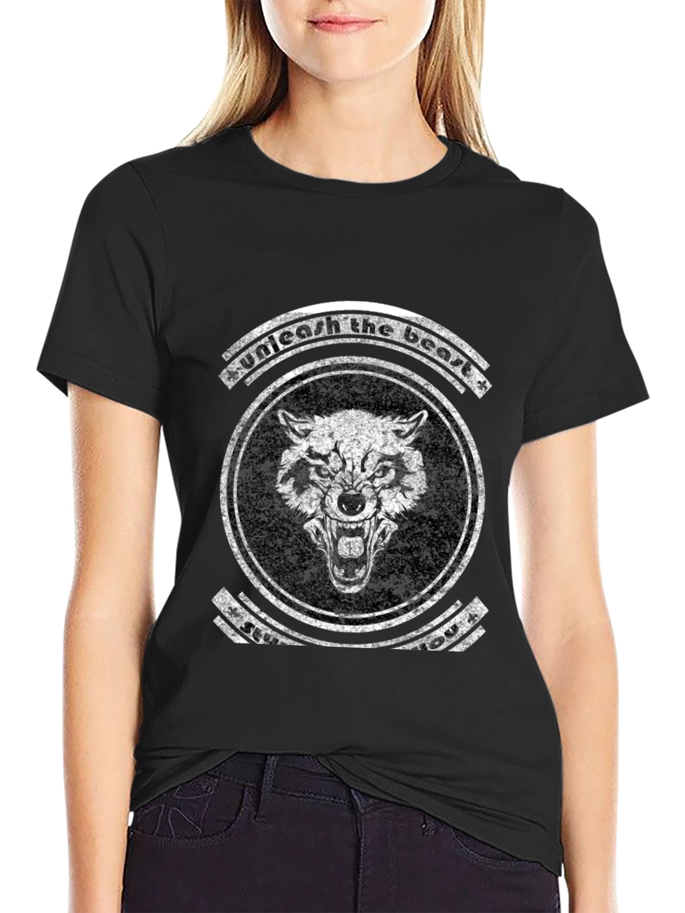 Unleash the Beast Graphic Tee - Black Wolf Design