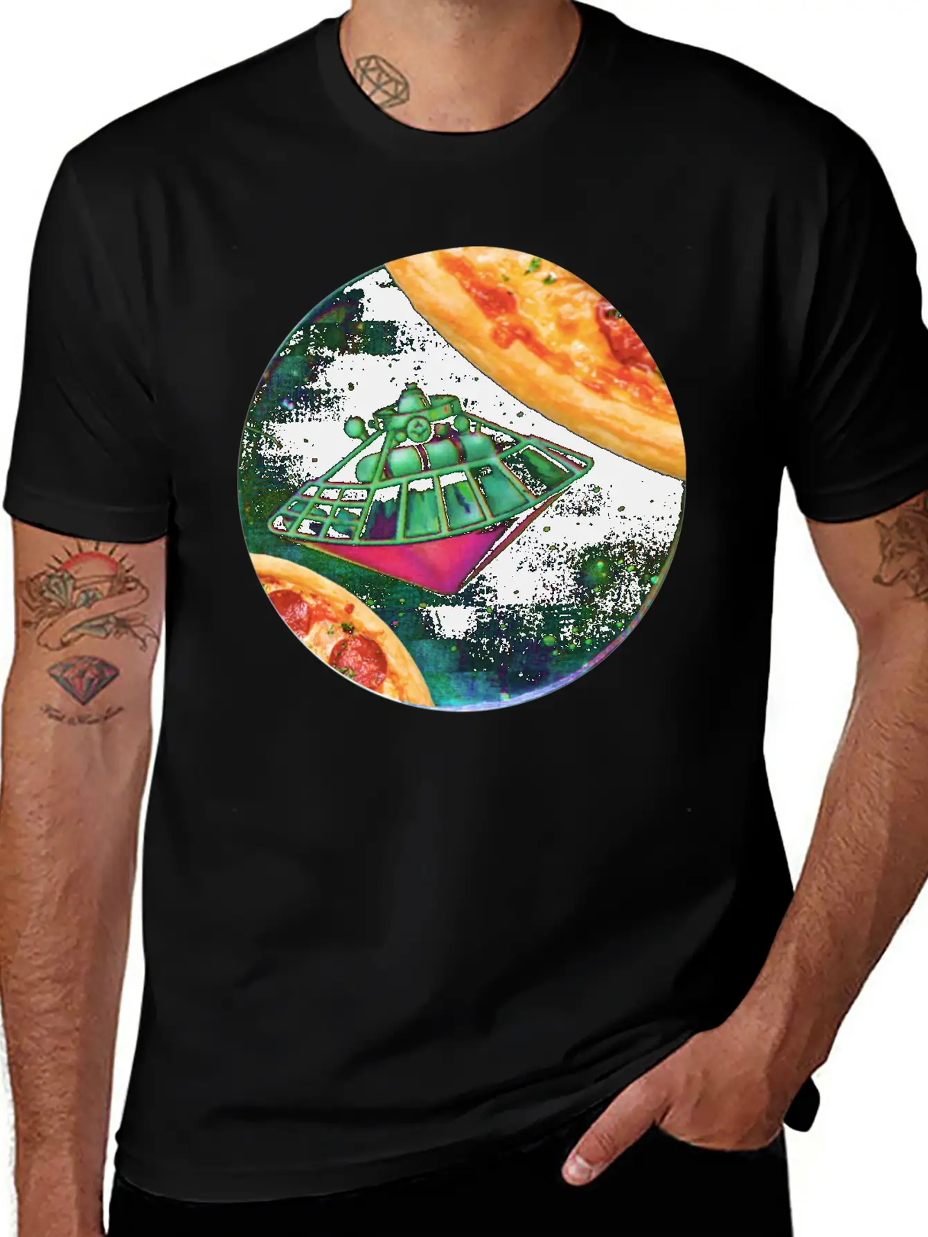 UFO In Space Surrounded By Two Pizzas Stylish Everyday T-Shirt – Unisex Basic Cotton Tee