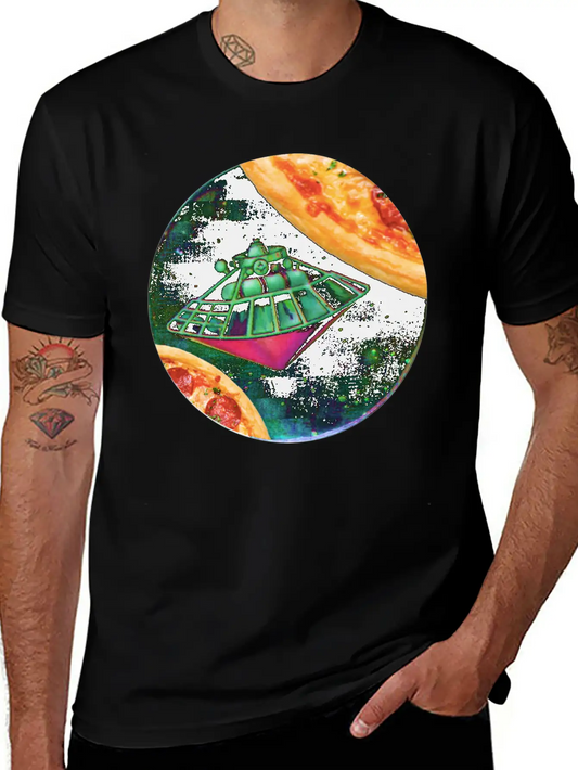 UFO In Space Surrounded By Two Pizzas Stylish Everyday T-Shirt – Unisex Basic Cotton Tee