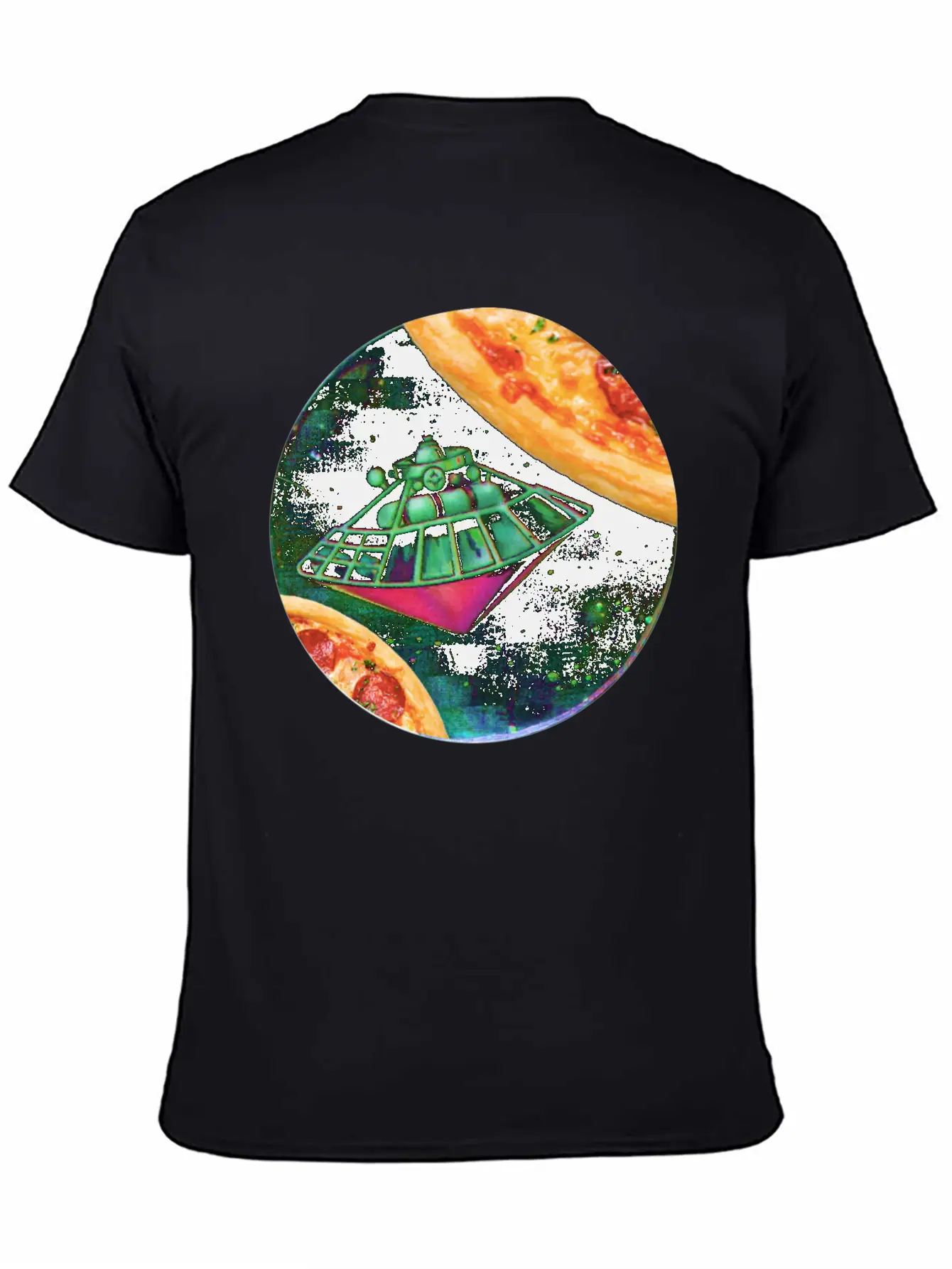 UFO In Space Surrounded By Two Pizzas Stylish Everyday T-Shirt – Unisex Basic Cotton Tee