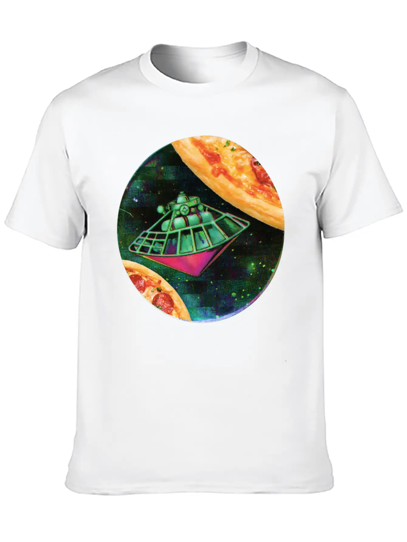 UFO In Space Surrounded By Two Pizzas Stylish Everyday T-Shirt – Unisex Basic Cotton Tee