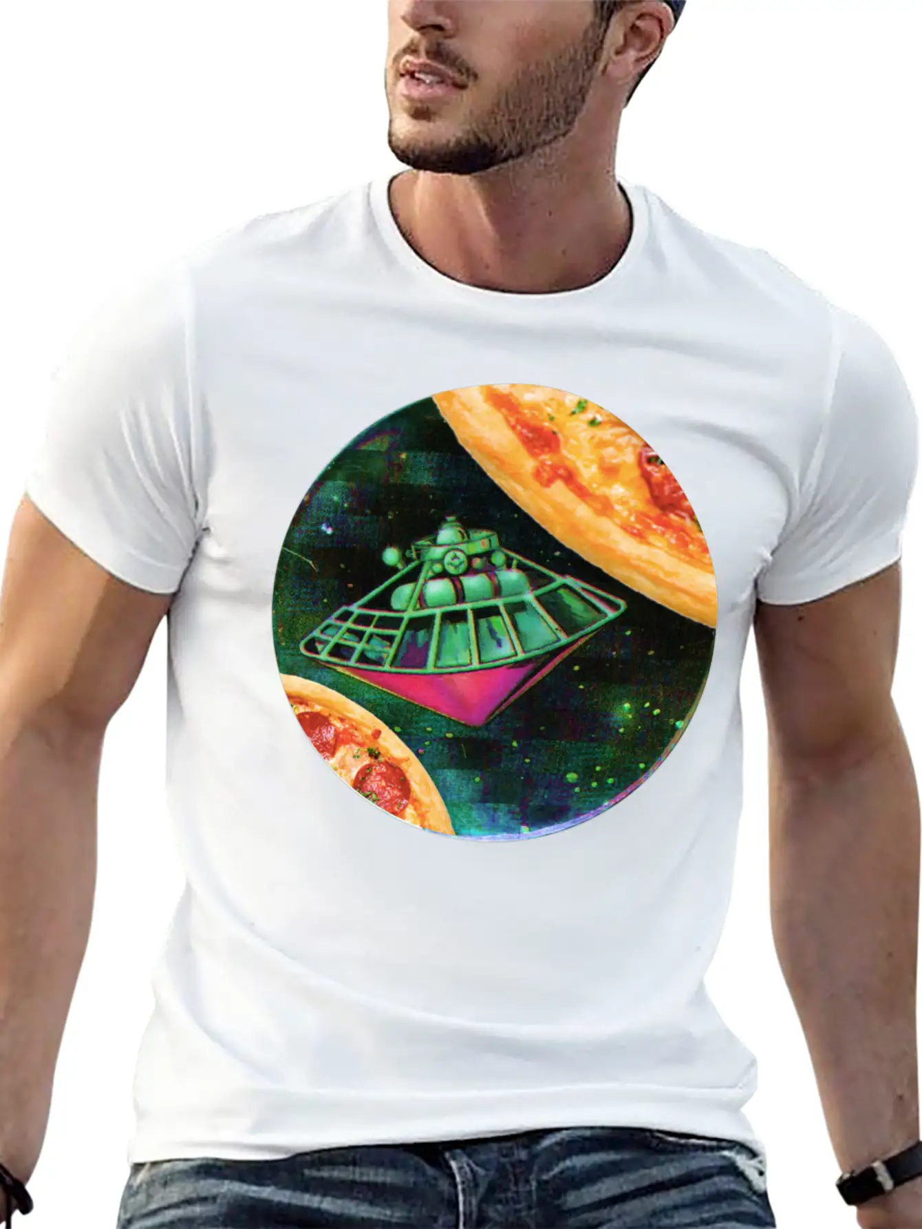 UFO In Space Surrounded By Two Pizzas Stylish Everyday T-Shirt – Unisex Basic Cotton Tee