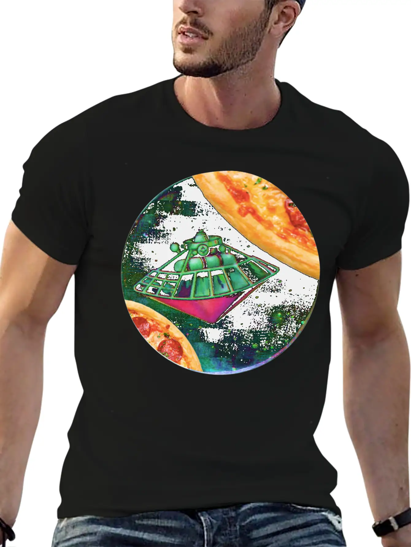 UFO In Space Surrounded By Two Pizzas Stylish Everyday T-Shirt – Unisex Basic Cotton Tee