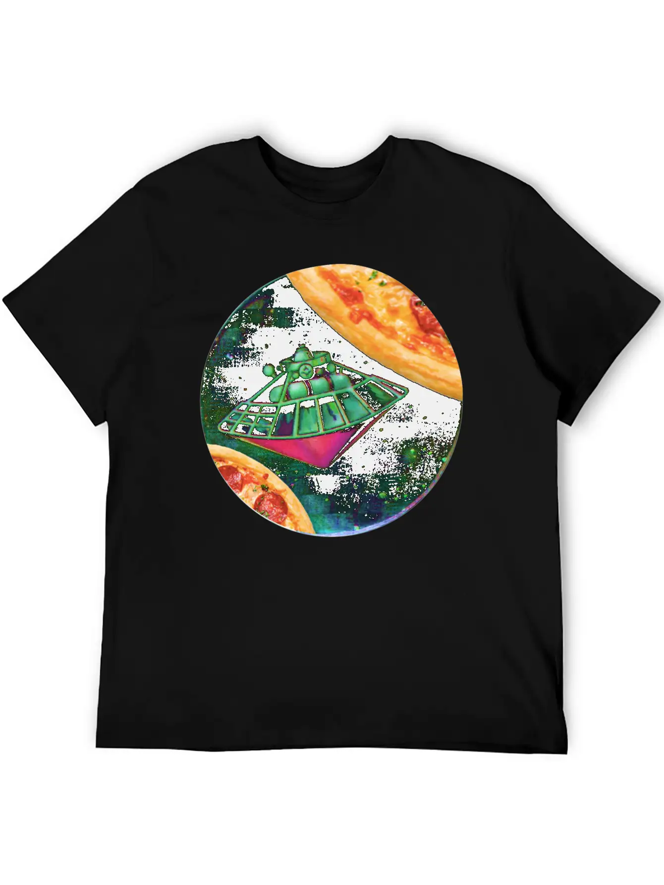 UFO In Space Surrounded By Two Pizzas Stylish Everyday T-Shirt – Unisex Basic Cotton Tee