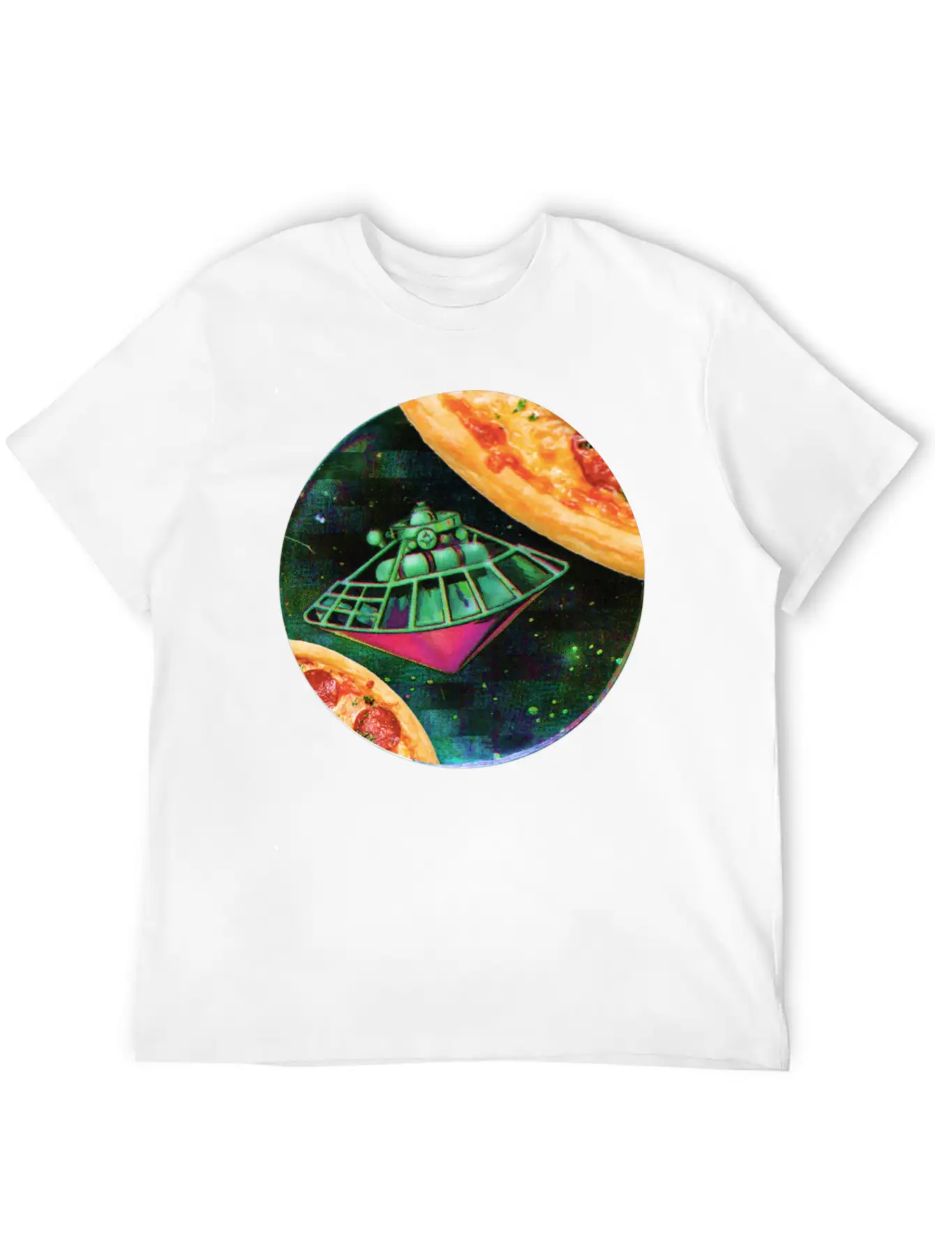 UFO In Space Surrounded By Two Pizzas Stylish Everyday T-Shirt – Unisex Basic Cotton Tee