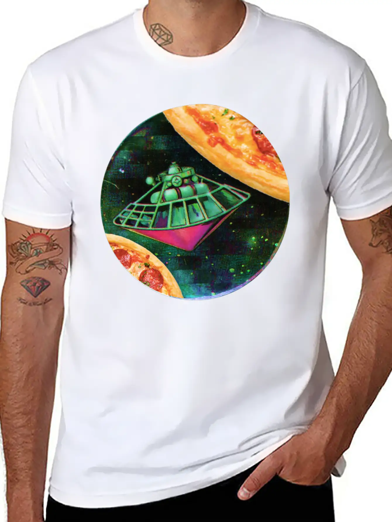 UFO In Space Surrounded By Two Pizzas Stylish Everyday T-Shirt – Unisex Basic Cotton Tee