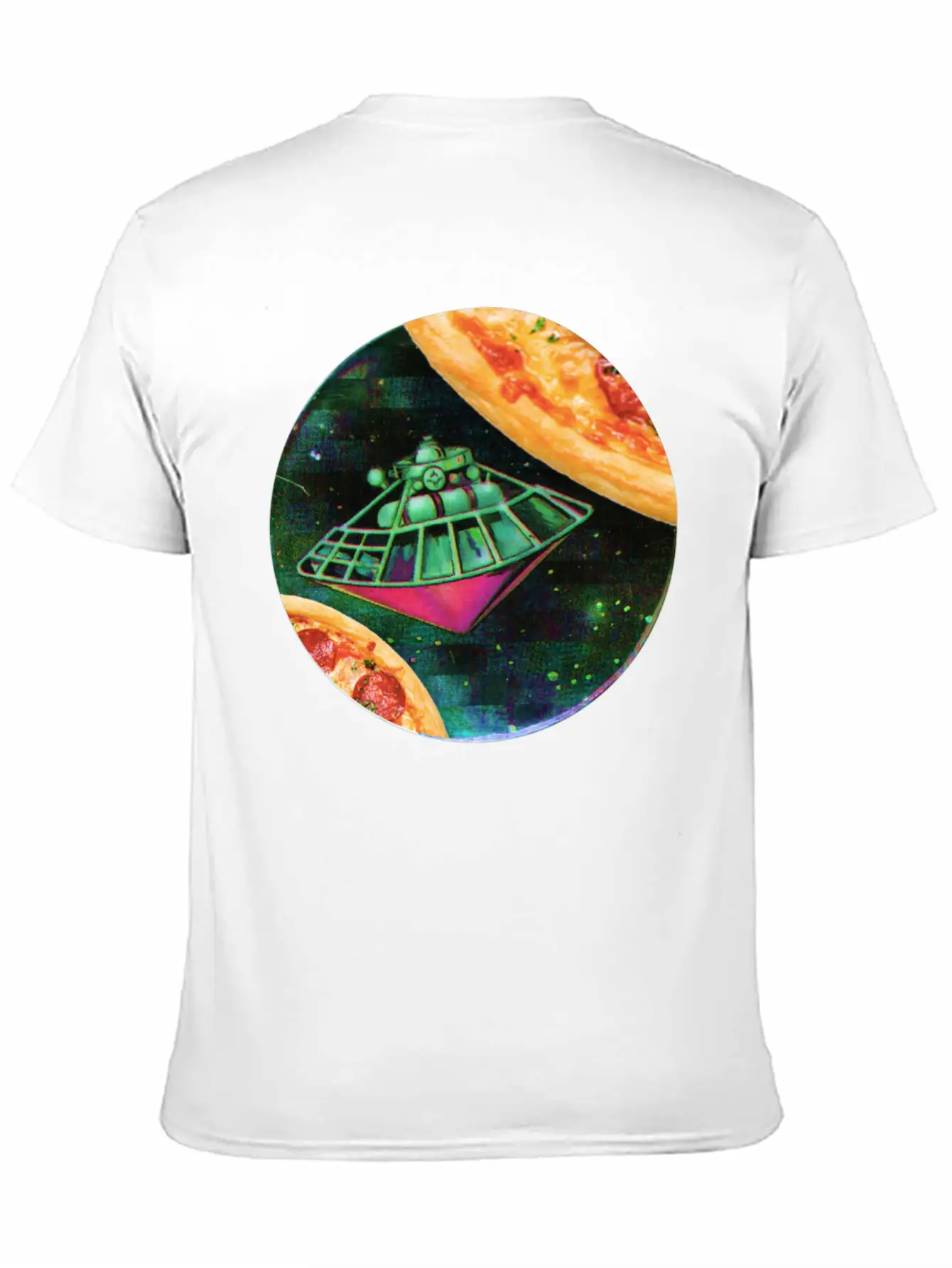 UFO In Space Surrounded By Two Pizzas Stylish Everyday T-Shirt – Unisex Basic Cotton Tee