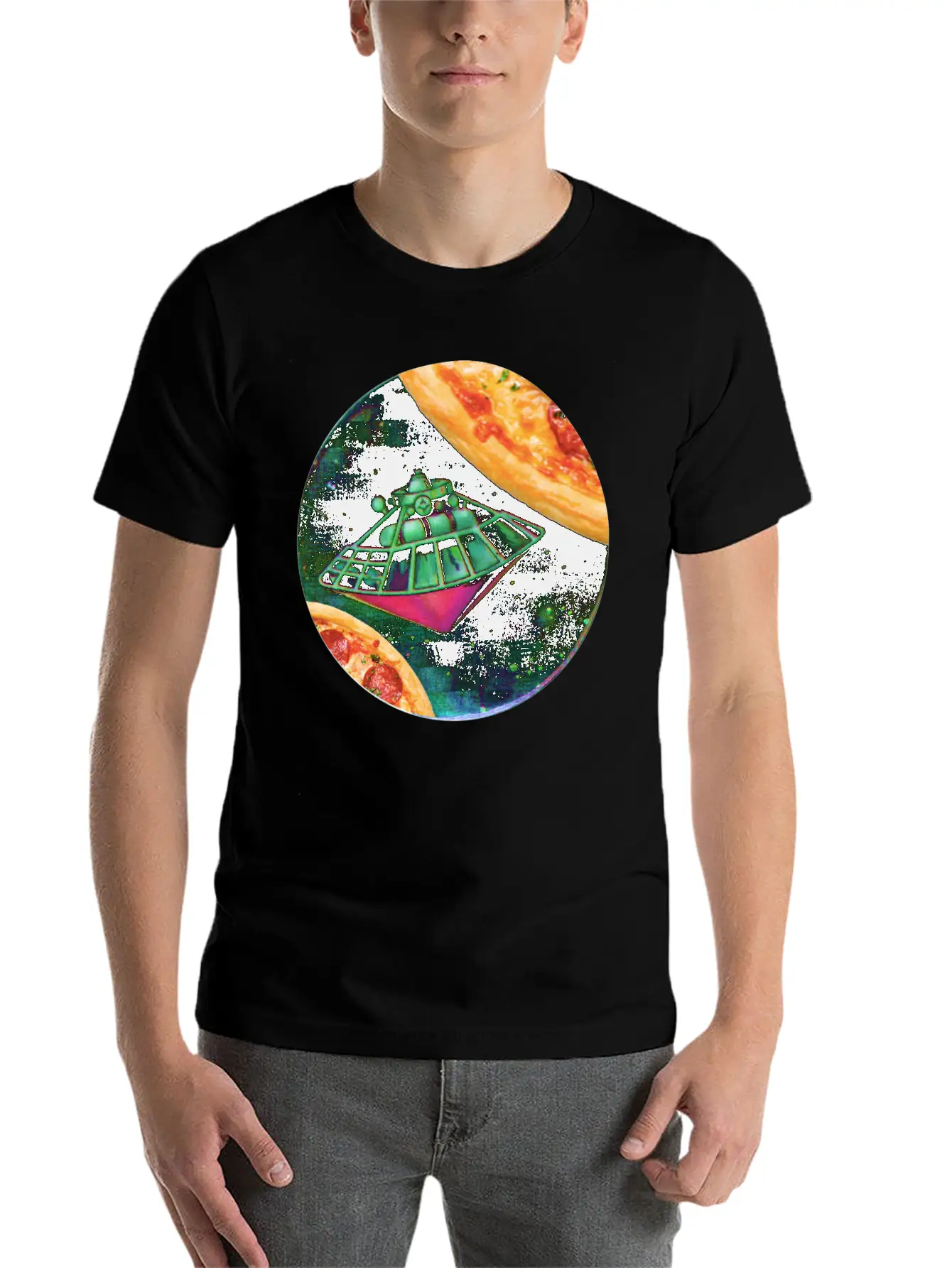 UFO In Space Surrounded By Two Pizzas Stylish Everyday T-Shirt – Unisex Basic Cotton Tee