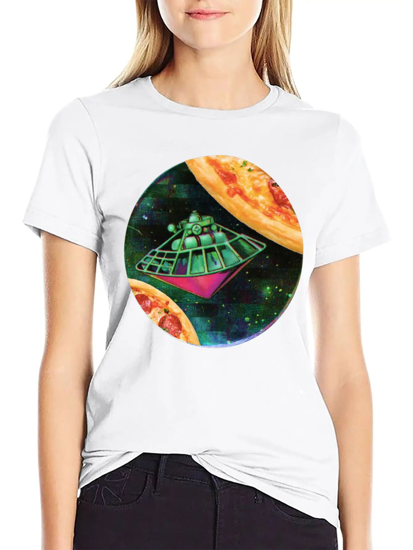 UFO In Space Surrounded By Two Pizzas Stylish Everyday T-Shirt – Unisex Basic Cotton Tee