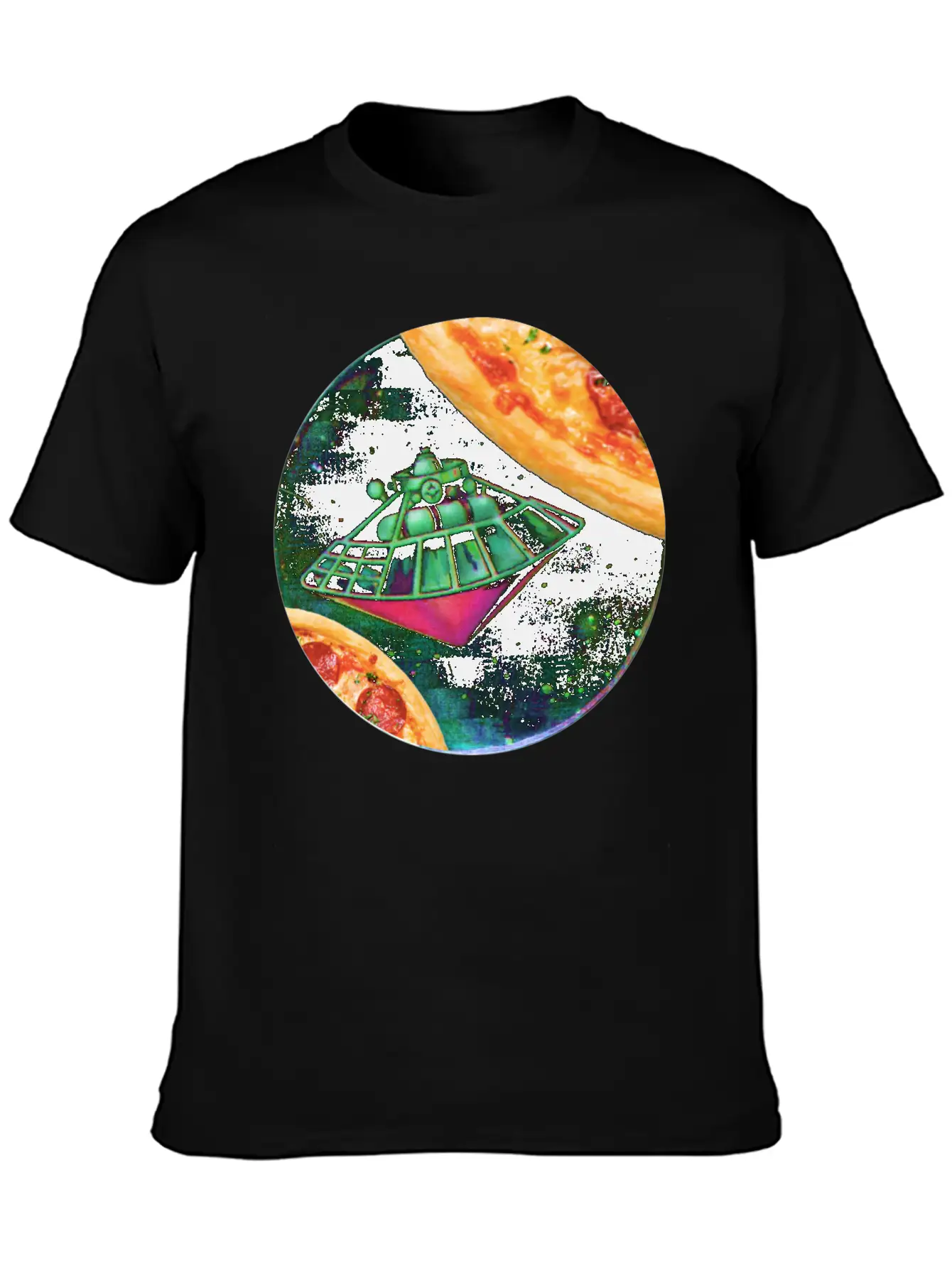 UFO In Space Surrounded By Two Pizzas Stylish Everyday T-Shirt – Unisex Basic Cotton Tee