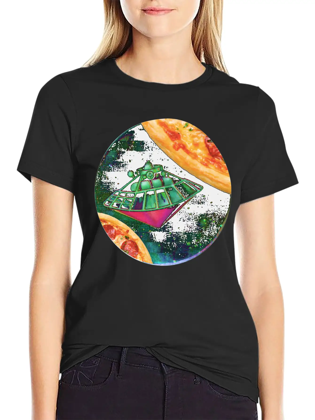 UFO In Space Surrounded By Two Pizzas Stylish Everyday T-Shirt – Unisex Basic Cotton Tee