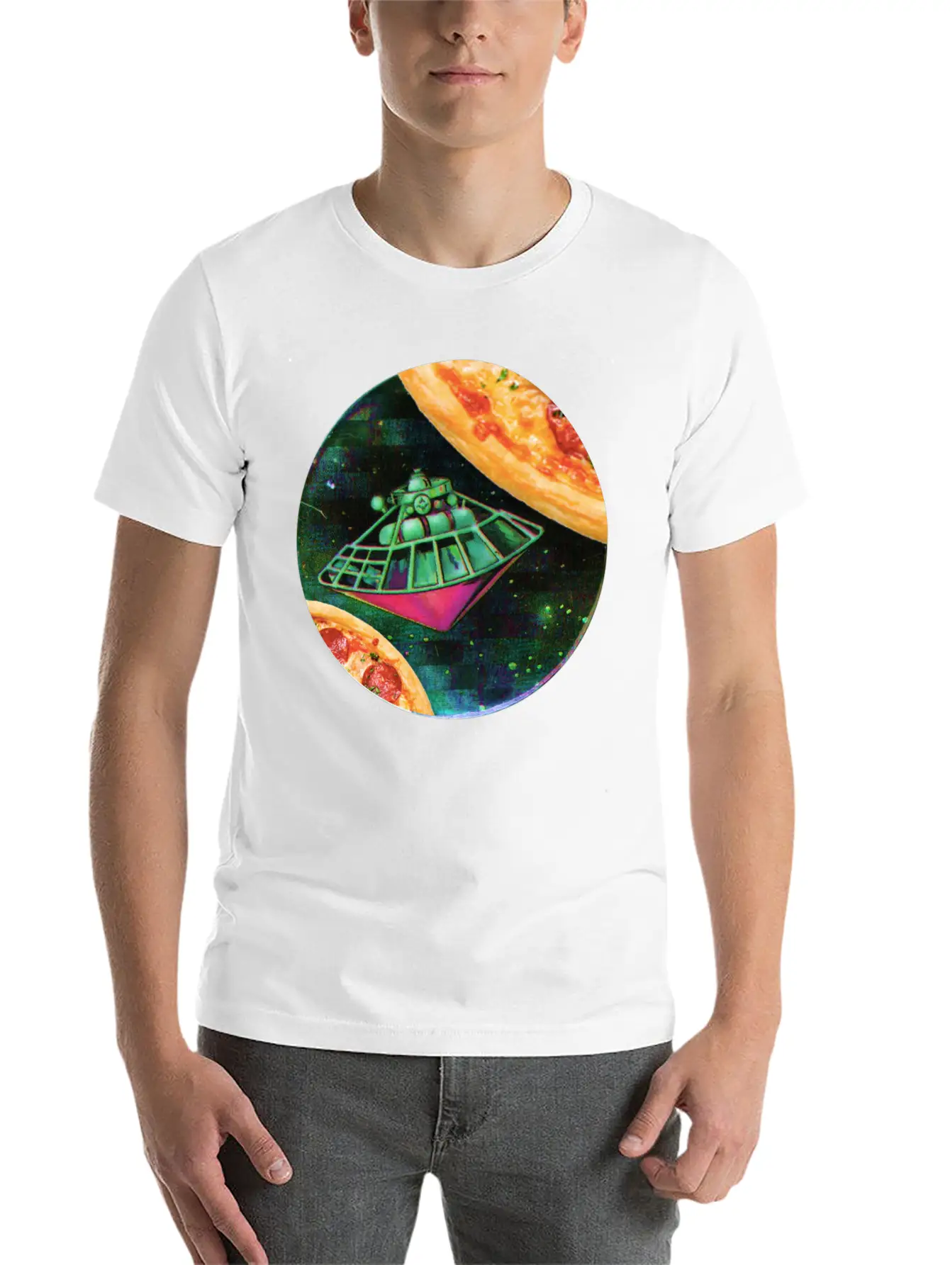 UFO In Space Surrounded By Two Pizzas Stylish Everyday T-Shirt – Unisex Basic Cotton Tee