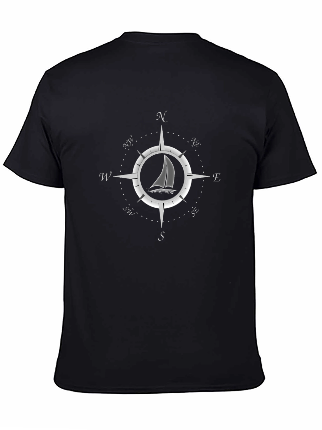 Nautical Compass Rose Sailboat Graphic Tee - Black