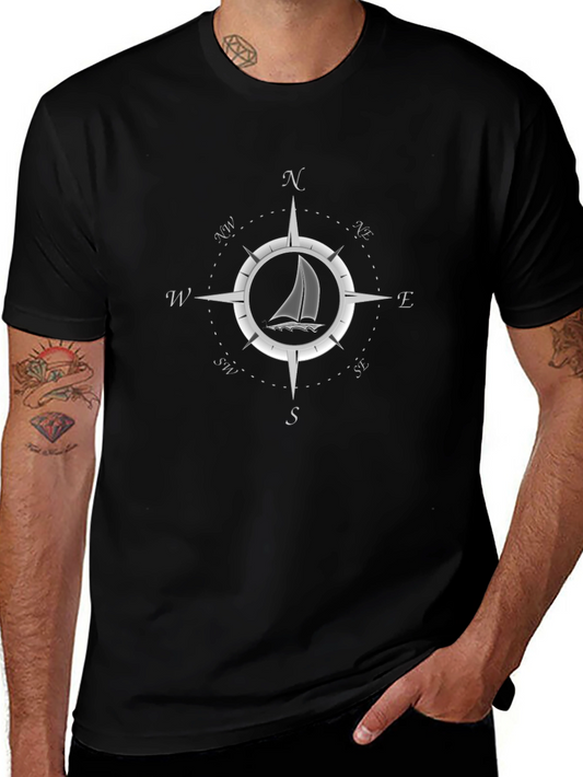 Nautical Compass Rose Sailboat Graphic Tee - Black