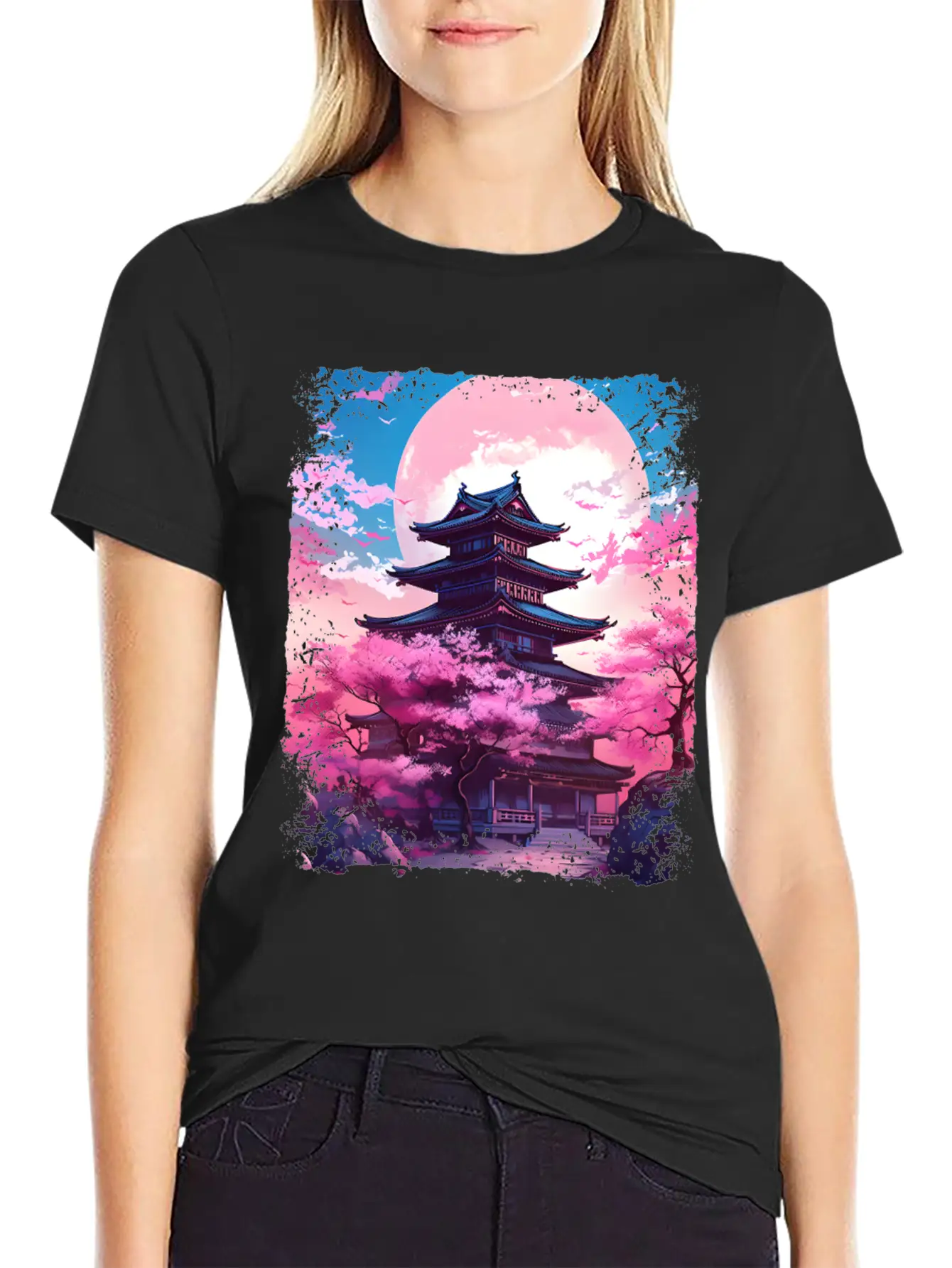 Vaporwave Cherry Blossom Sakura Tree In A Temple Basic Graphic T-Shirt – Daily Comfort In Soft Cotton
