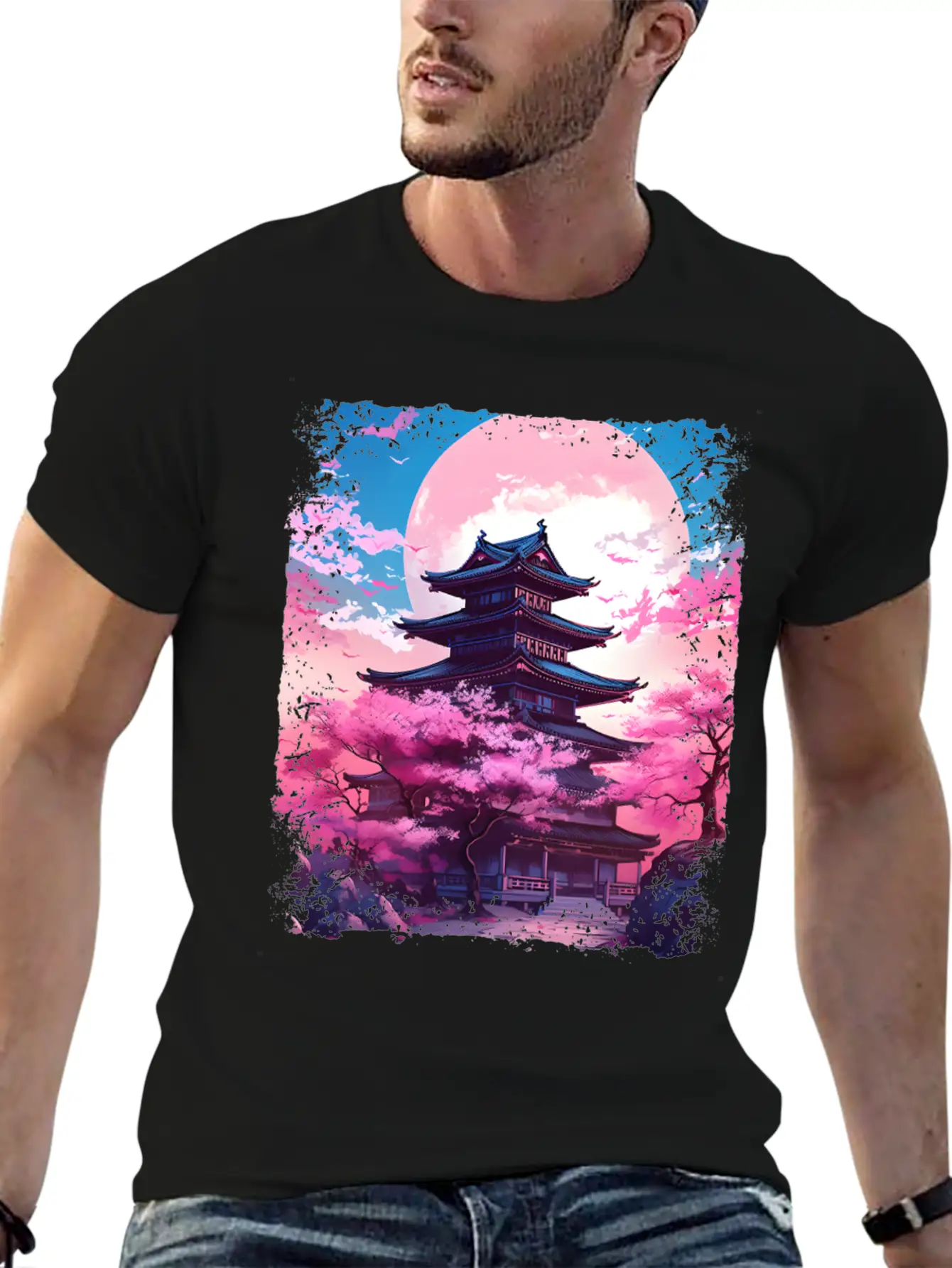Vaporwave Cherry Blossom Sakura Tree In A Temple Basic Graphic T-Shirt – Daily Comfort In Soft Cotton