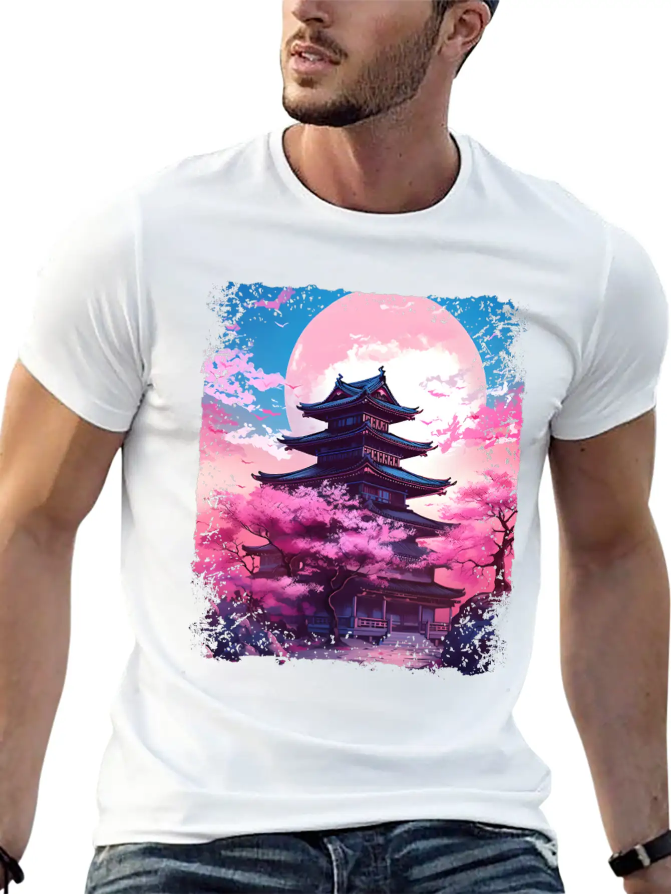 Vaporwave Cherry Blossom Sakura Tree In A Temple Basic Graphic T-Shirt – Daily Comfort In Soft Cotton
