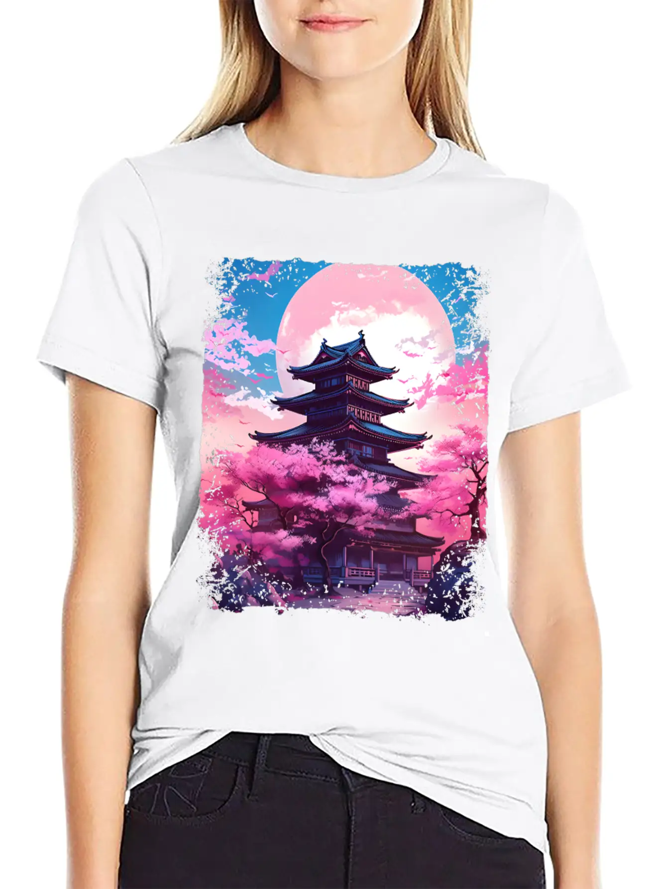 Vaporwave Cherry Blossom Sakura Tree In A Temple Basic Graphic T-Shirt – Daily Comfort In Soft Cotton