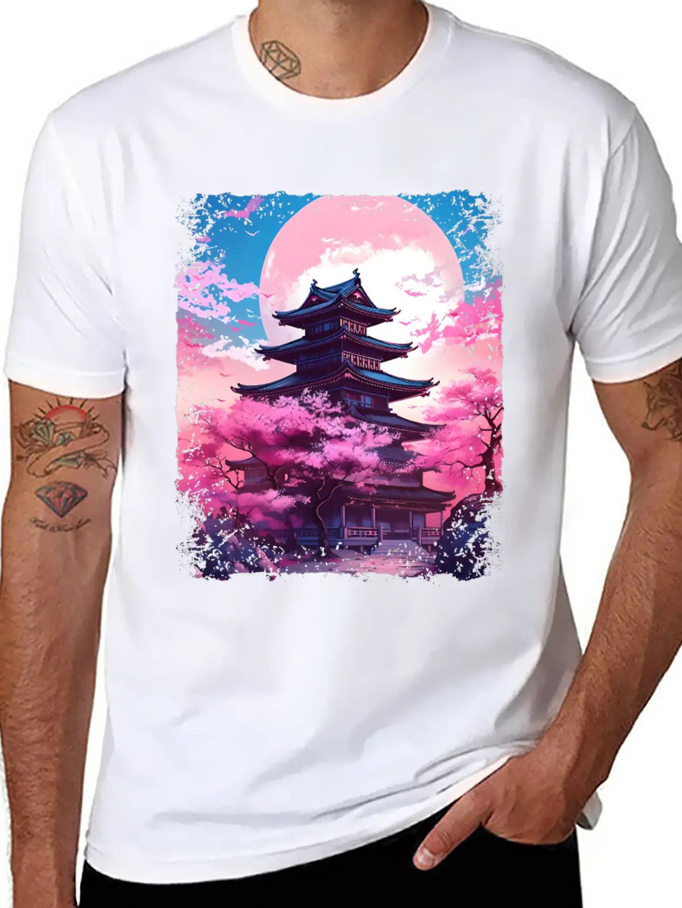 Vaporwave Cherry Blossom Sakura Tree In A Temple Basic Graphic T-Shirt – Daily Comfort In Soft Cotton