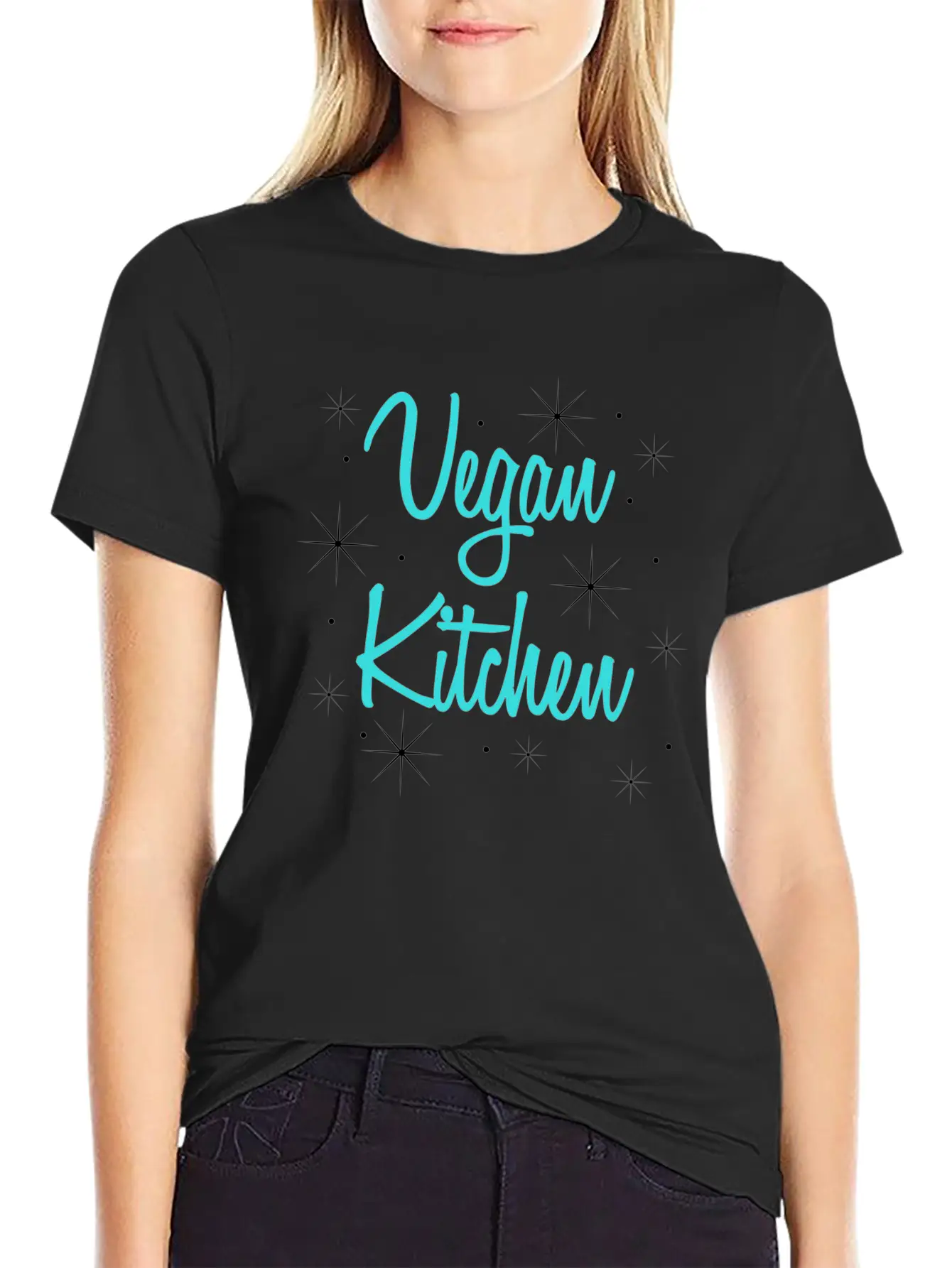Vegan Kitchen Vintage Retro Diner Turquoise Black Lightweight Cotton T-Shirt – Daily Comfort Graphic Shirt