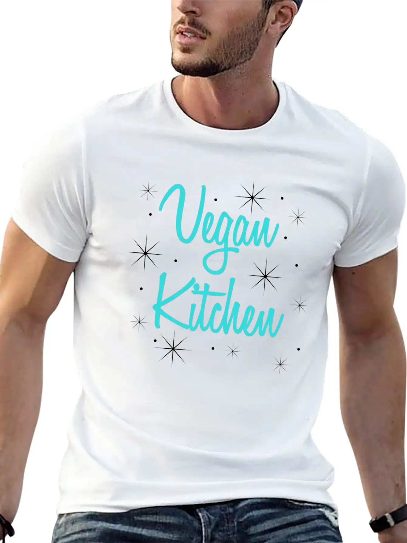 Vegan Kitchen Vintage Retro Diner Turquoise Black Lightweight Cotton T-Shirt – Daily Comfort Graphic Shirt
