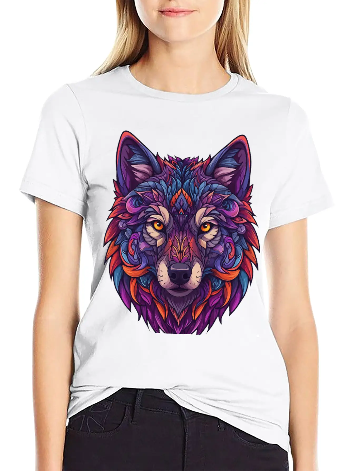 Vibrant Abstract Wolf Illustration Basic Graphic T-Shirt – Daily Comfort In Soft Cotton