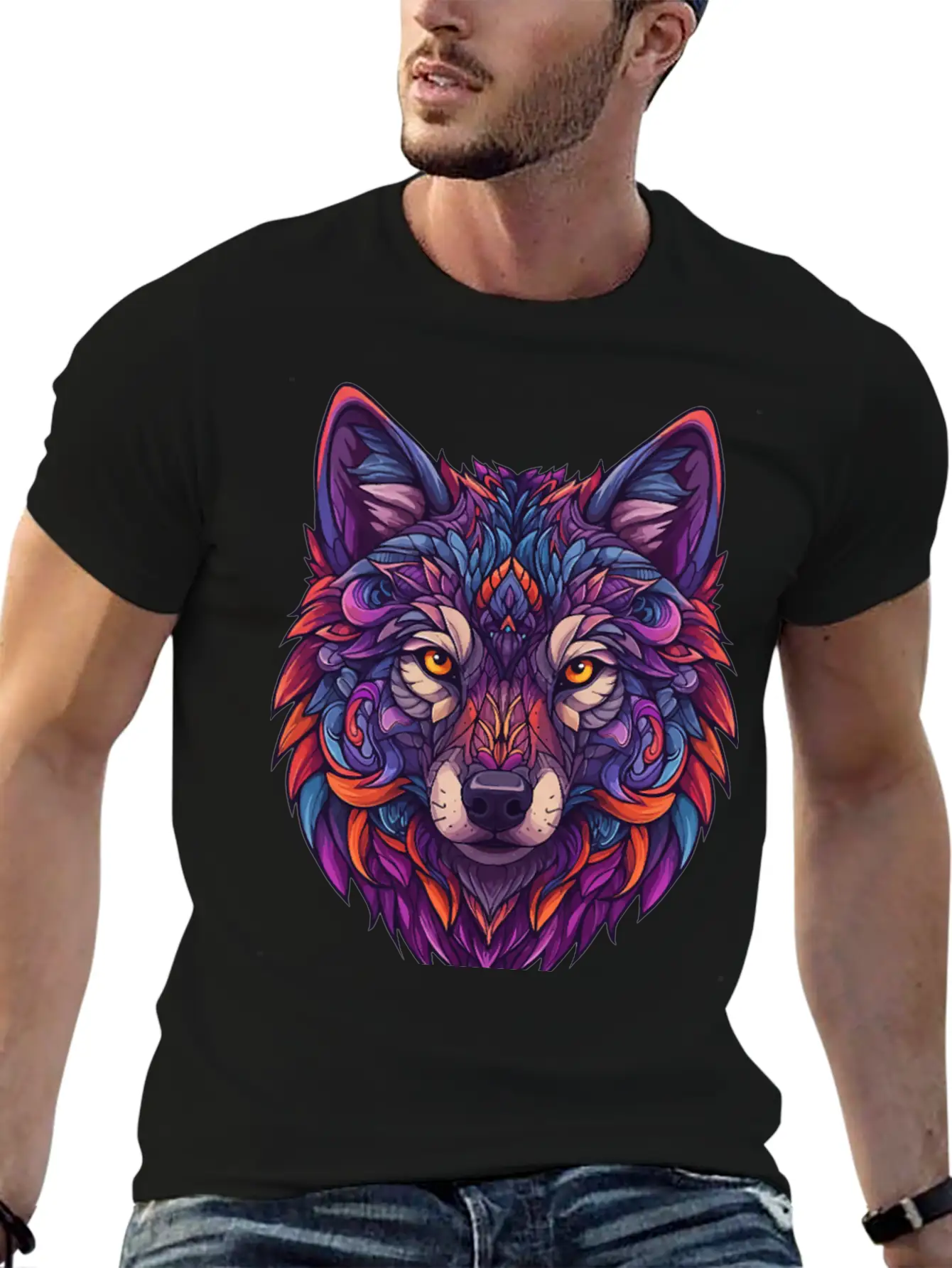 Vibrant Abstract Wolf Illustration Basic Graphic T-Shirt – Daily Comfort In Soft Cotton