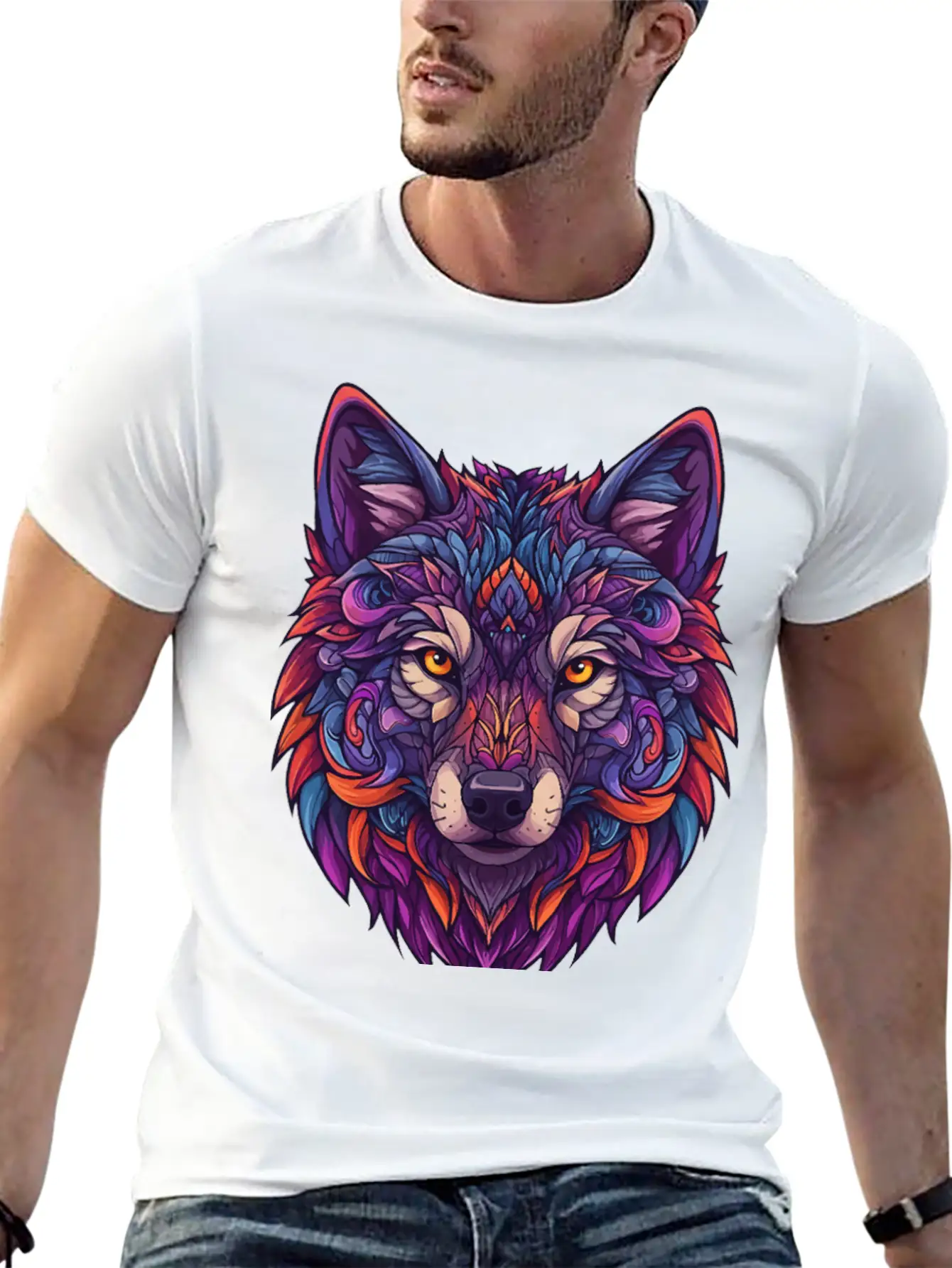 Vibrant Abstract Wolf Illustration Basic Graphic T-Shirt – Daily Comfort In Soft Cotton