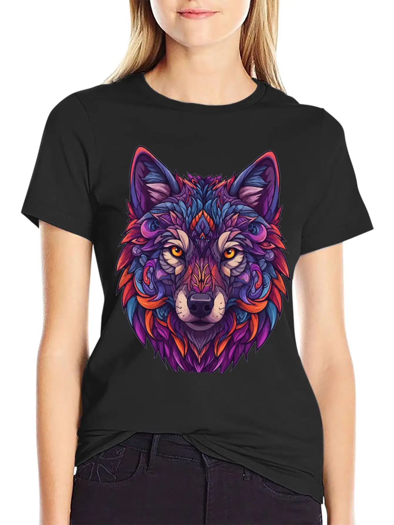 Vibrant Abstract Wolf Illustration Basic Graphic T-Shirt – Daily Comfort In Soft Cotton