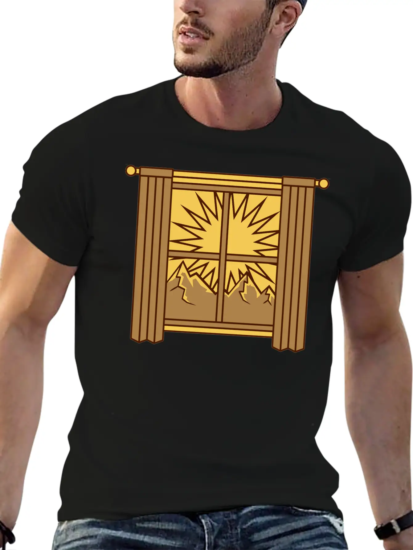 View Mountains Window Curtain Lightweight Cotton T-Shirt – Daily Comfort Graphic Shirt