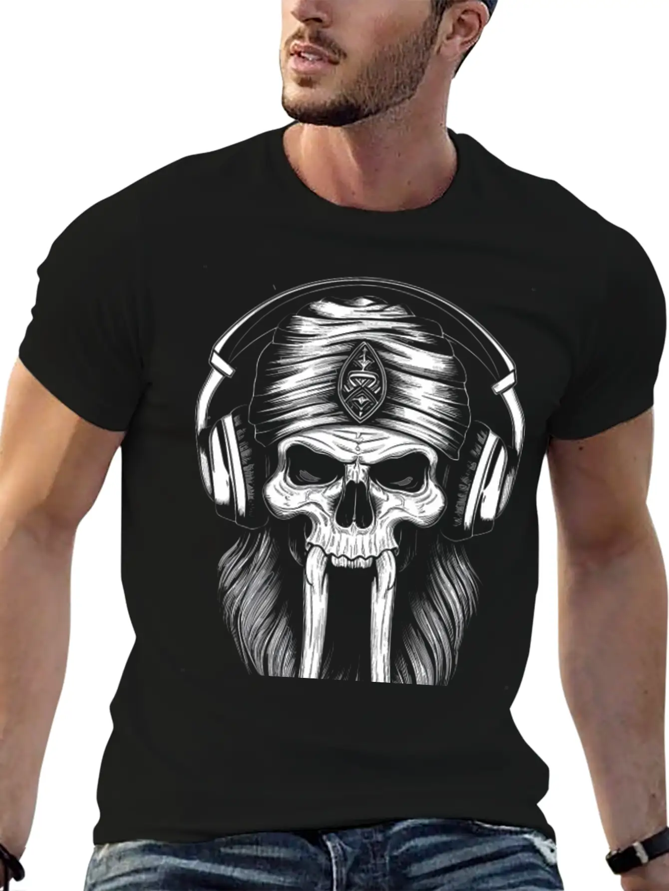 Viking Vintage Skull Beard With Headphone Basic Graphic T-Shirt – Daily Comfort In Soft Cotton