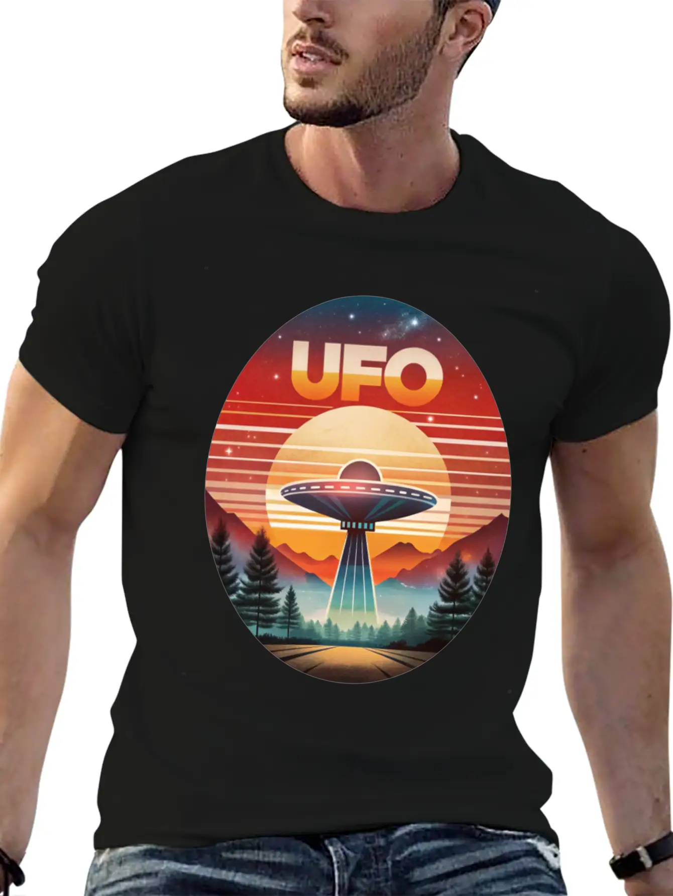 Vintage UFO Sunset Streetwear Style Soft Cotton Short Sleeve Tee – Unisex Wardrobe Staple