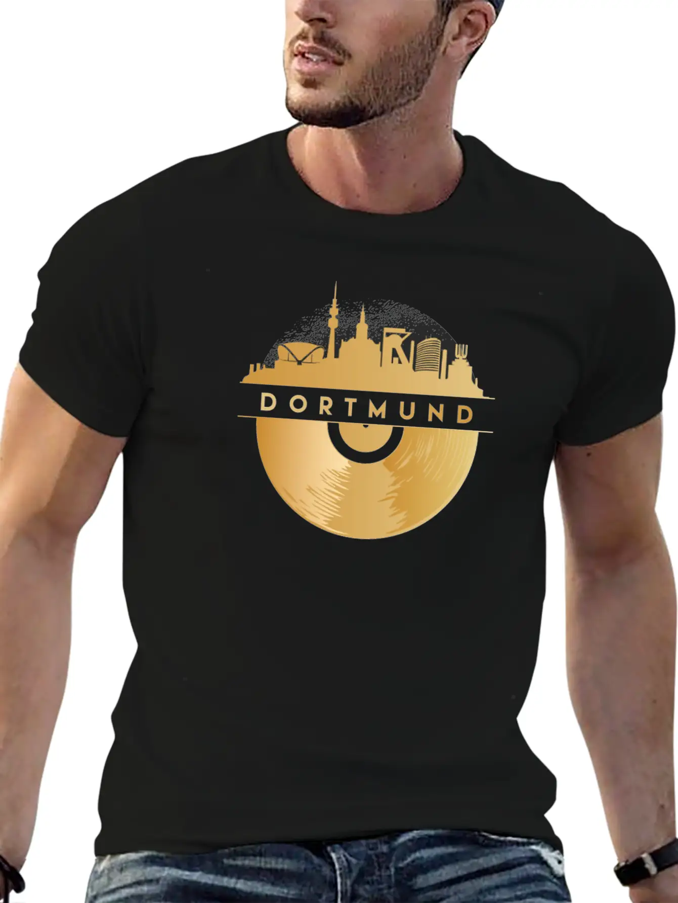 Vinyl-Record-Player Disco-Music Skyline-Dortmund Modern Fit Casual T-Shirt – Clean And Versatile Design