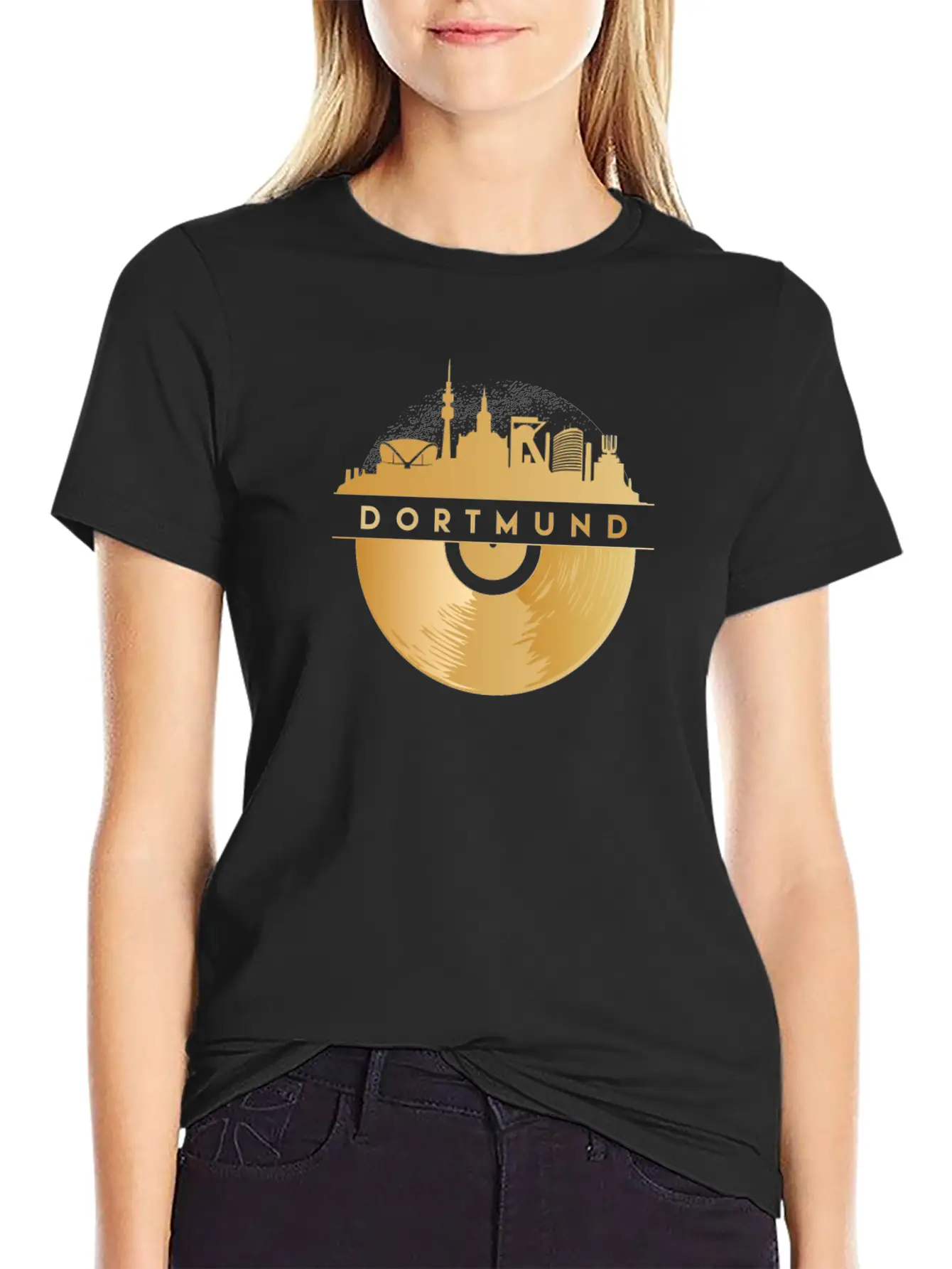 Vinyl-Record-Player Disco-Music Skyline-Dortmund Modern Fit Casual T-Shirt – Clean And Versatile Design
