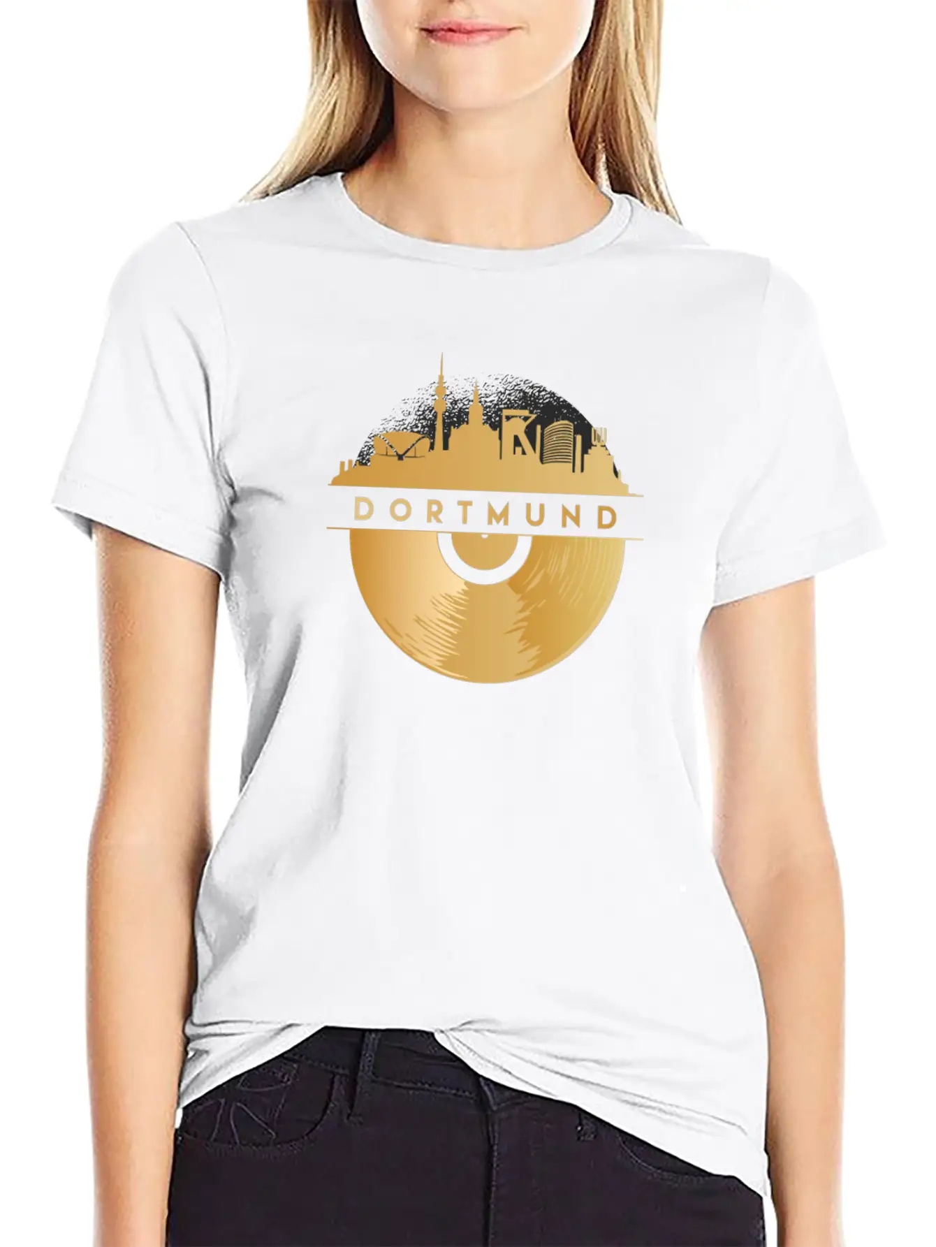 Vinyl-Record-Player Disco-Music Skyline-Dortmund Modern Fit Casual T-Shirt – Clean And Versatile Design