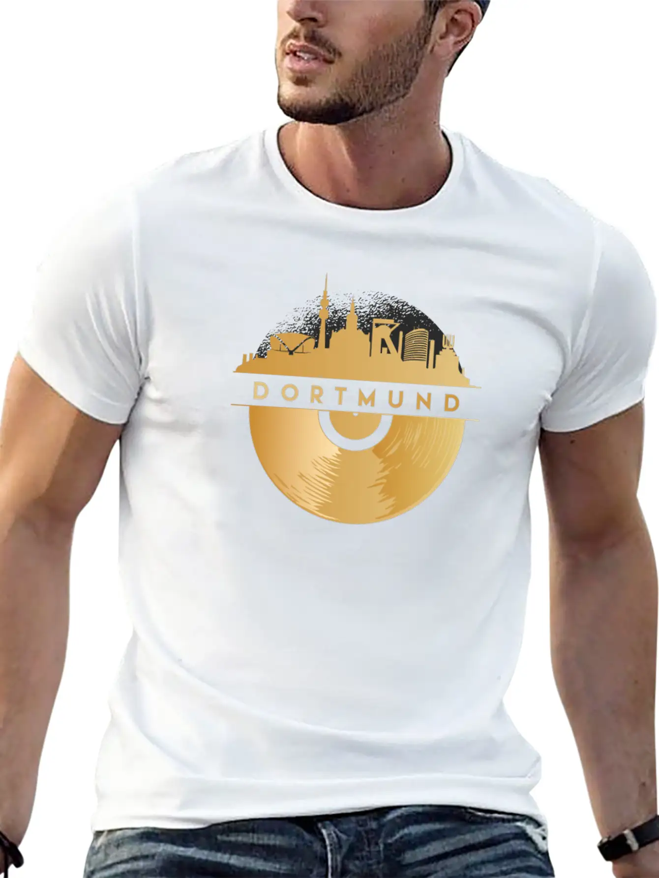 Vinyl-Record-Player Disco-Music Skyline-Dortmund Modern Fit Casual T-Shirt – Clean And Versatile Design