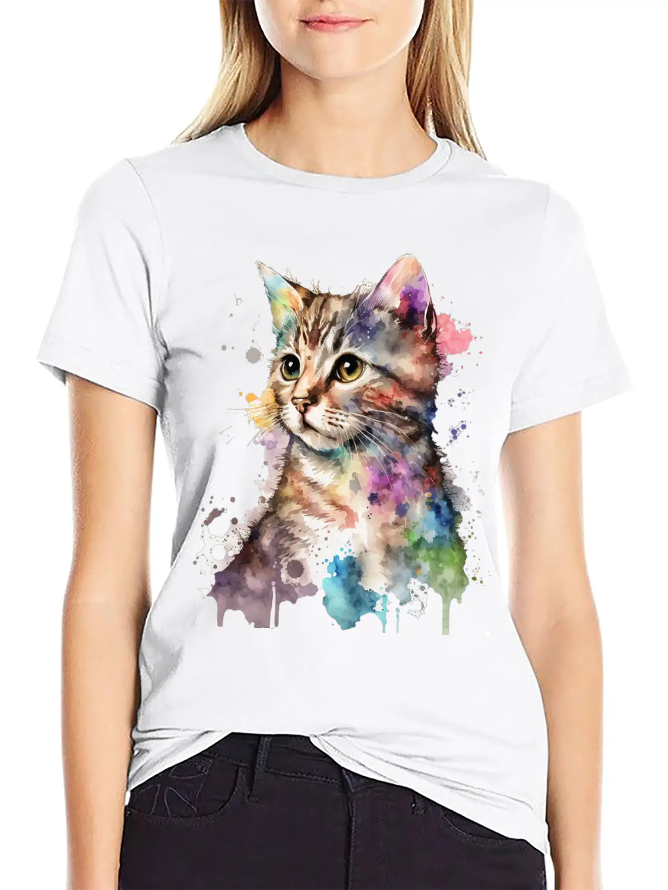 Watercolor Kitten Art Deco Lightweight Cotton T-Shirt – Daily Comfort Graphic Shirt