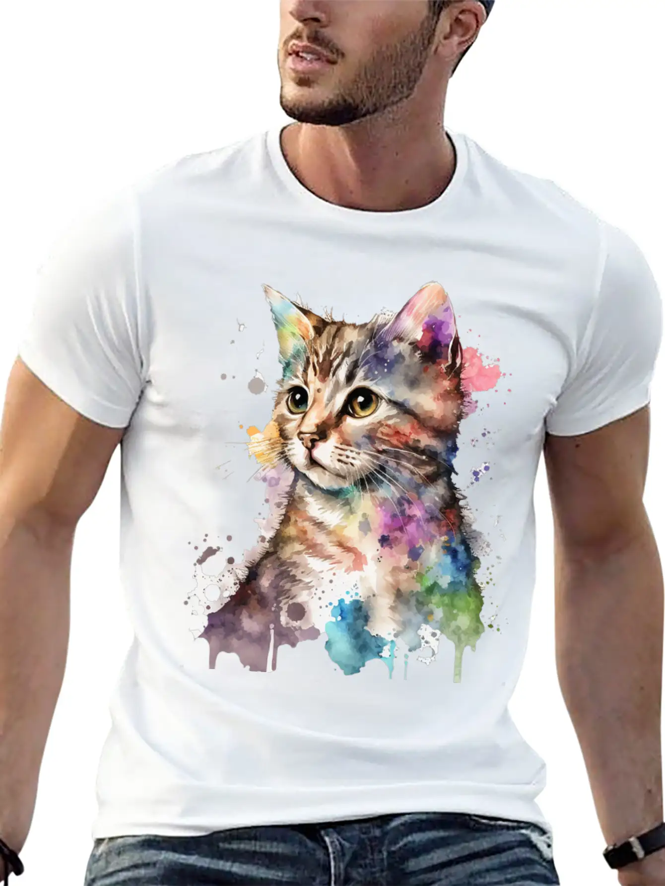 Watercolor Kitten Art Deco Lightweight Cotton T-Shirt – Daily Comfort Graphic Shirt