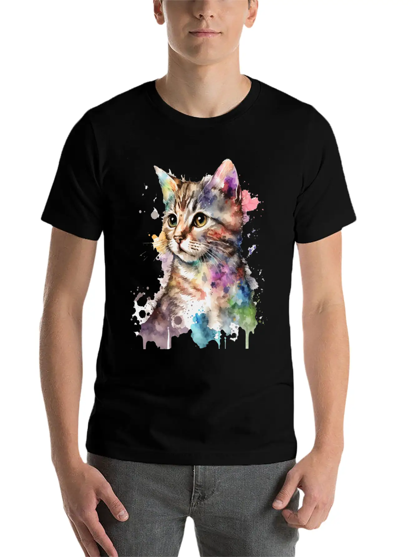Watercolor Kitten Art Deco Lightweight Cotton T-Shirt – Daily Comfort Graphic Shirt