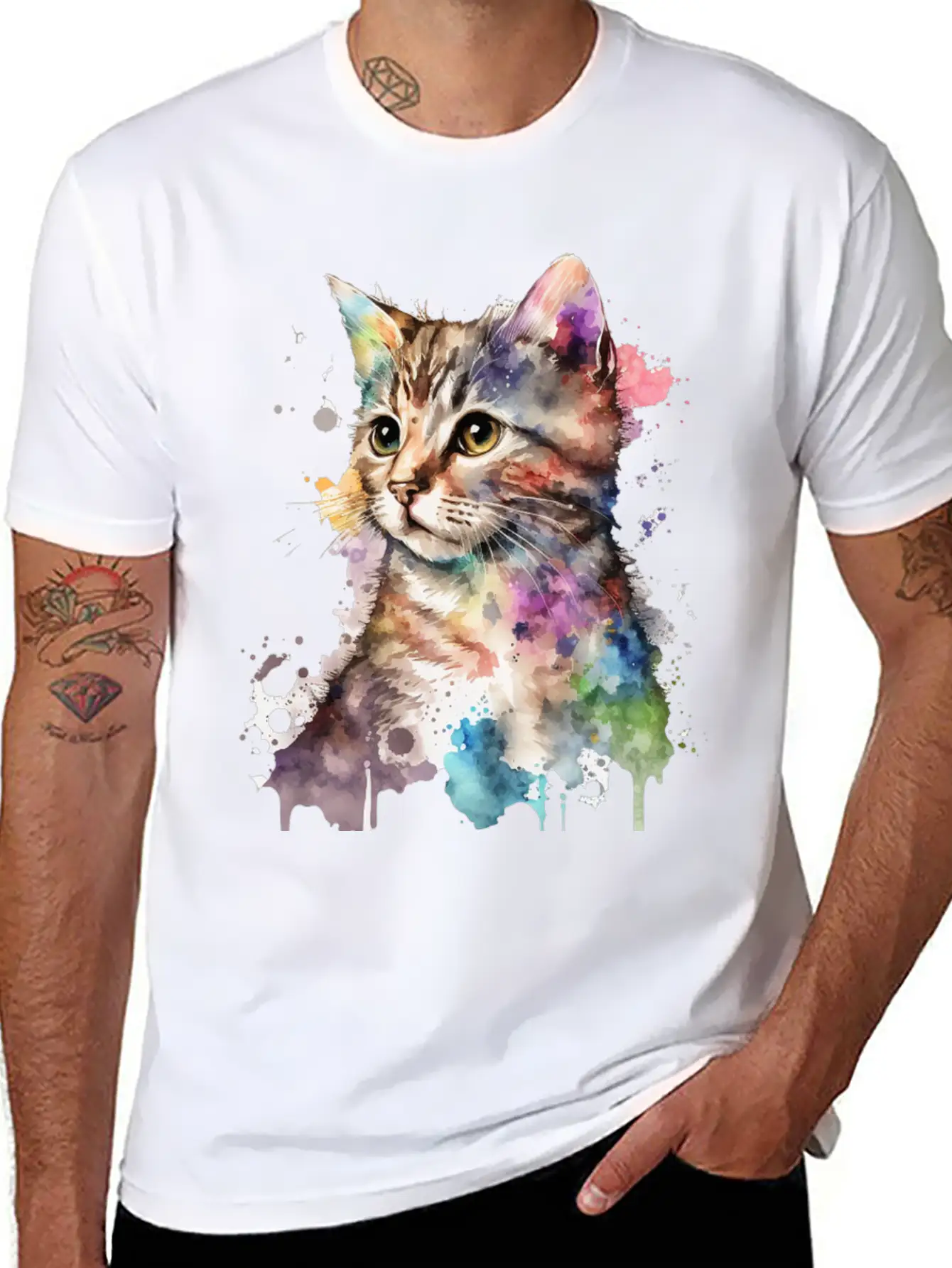 Watercolor Kitten Art Deco Lightweight Cotton T-Shirt – Daily Comfort Graphic Shirt
