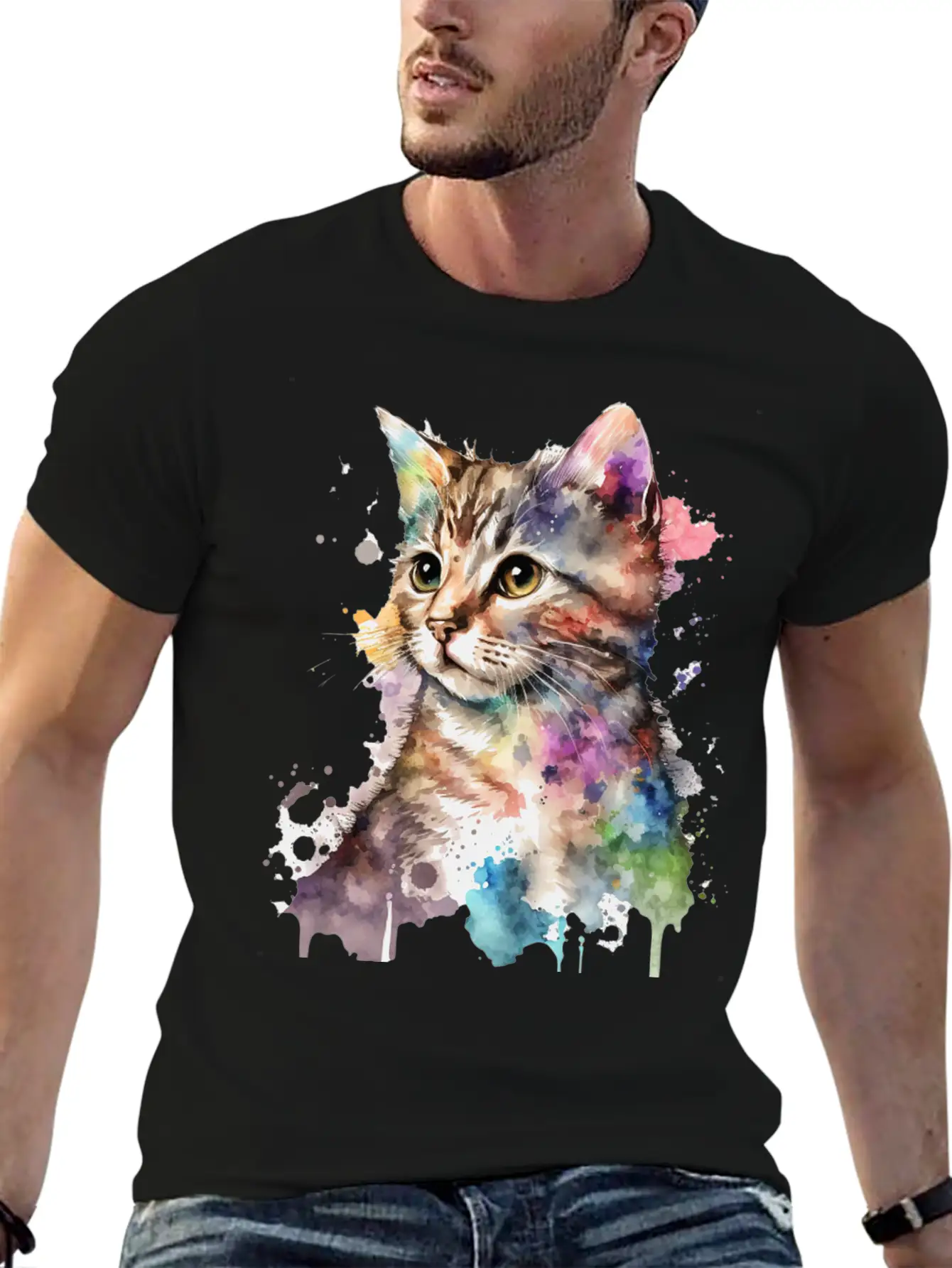 Watercolor Kitten Art Deco Lightweight Cotton T-Shirt – Daily Comfort Graphic Shirt