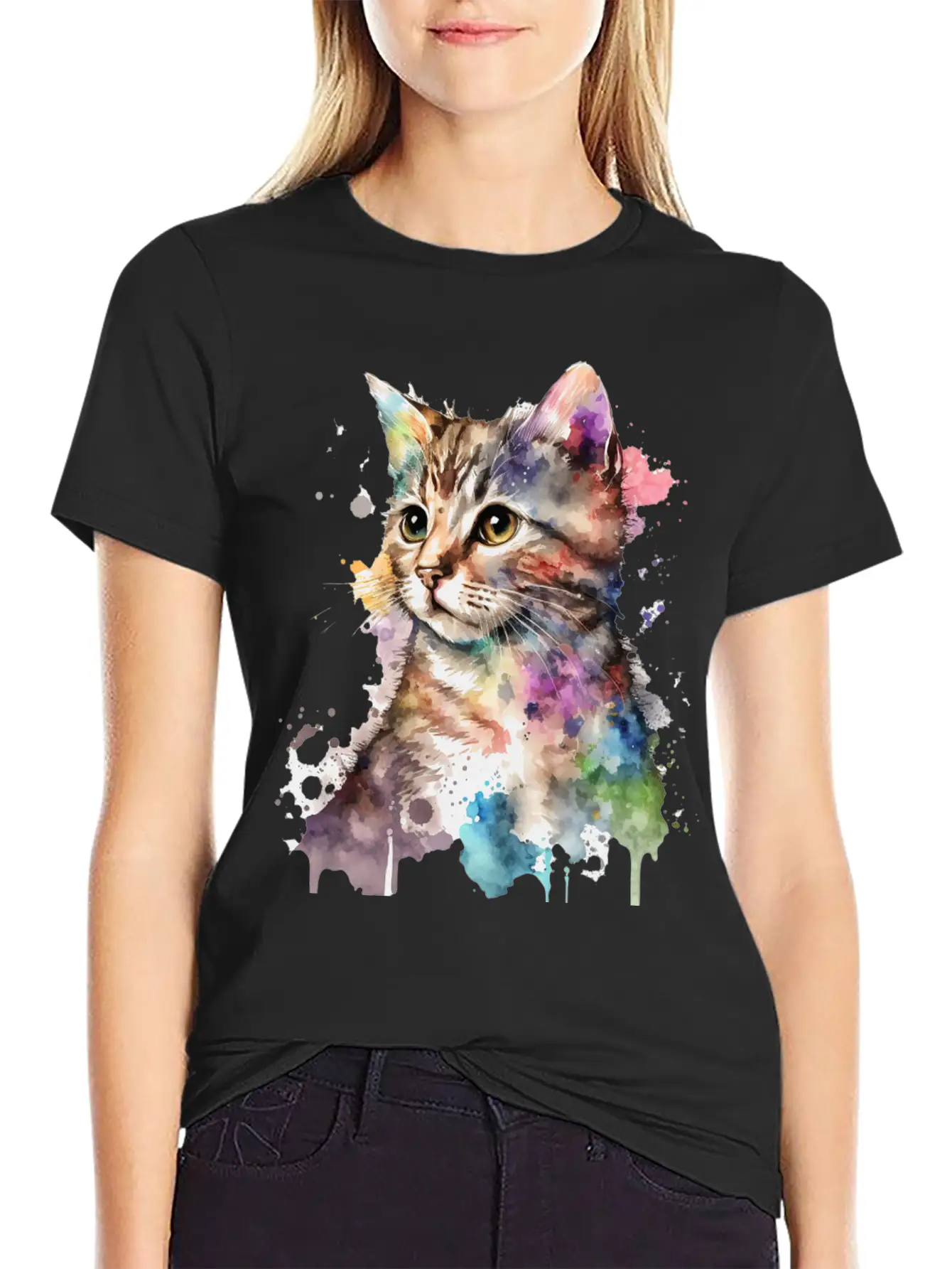 Watercolor Kitten Art Deco Lightweight Cotton T-Shirt – Daily Comfort Graphic Shirt
