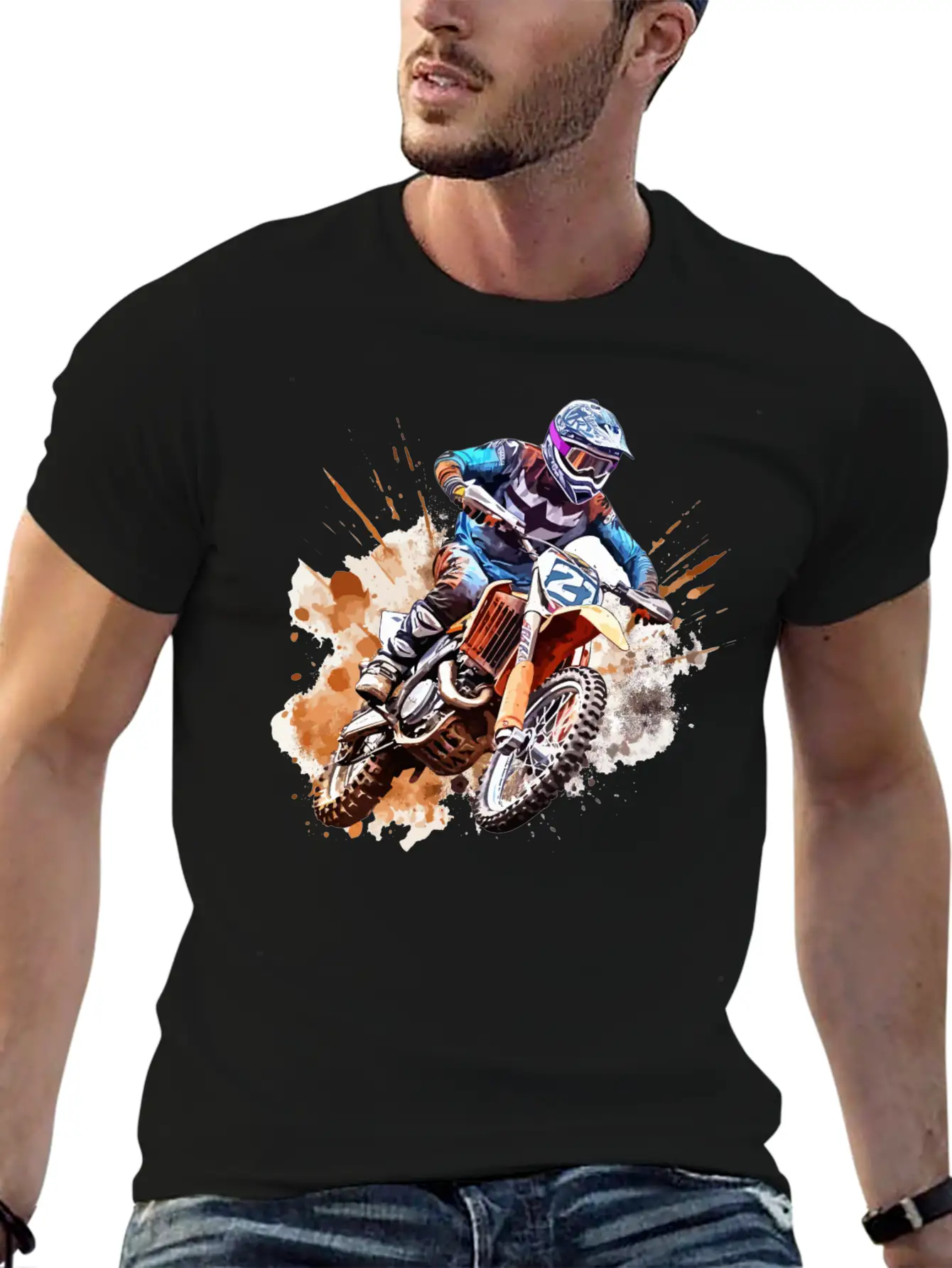 Watercolor Rush - Vibrant Motocross Artwork Unisex Casual T-Shirt – Clean Design For Daily Comfort
