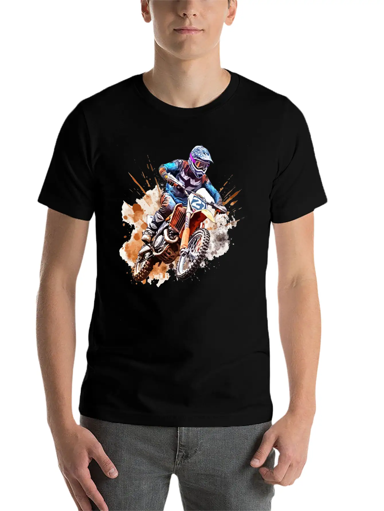 Watercolor Rush - Vibrant Motocross Artwork Unisex Casual T-Shirt – Clean Design For Daily Comfort