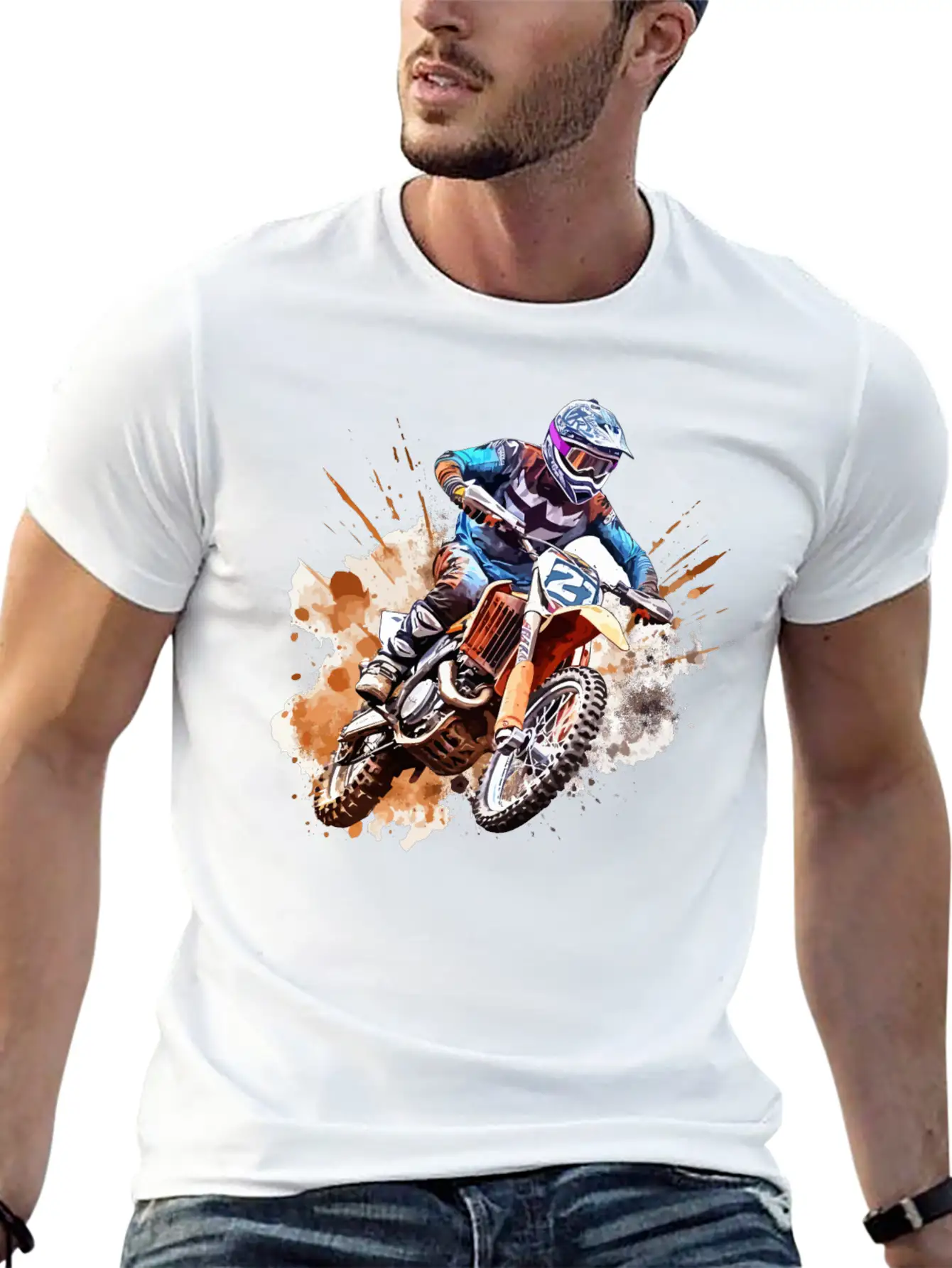 Watercolor Rush - Vibrant Motocross Artwork Unisex Casual T-Shirt – Clean Design For Daily Comfort