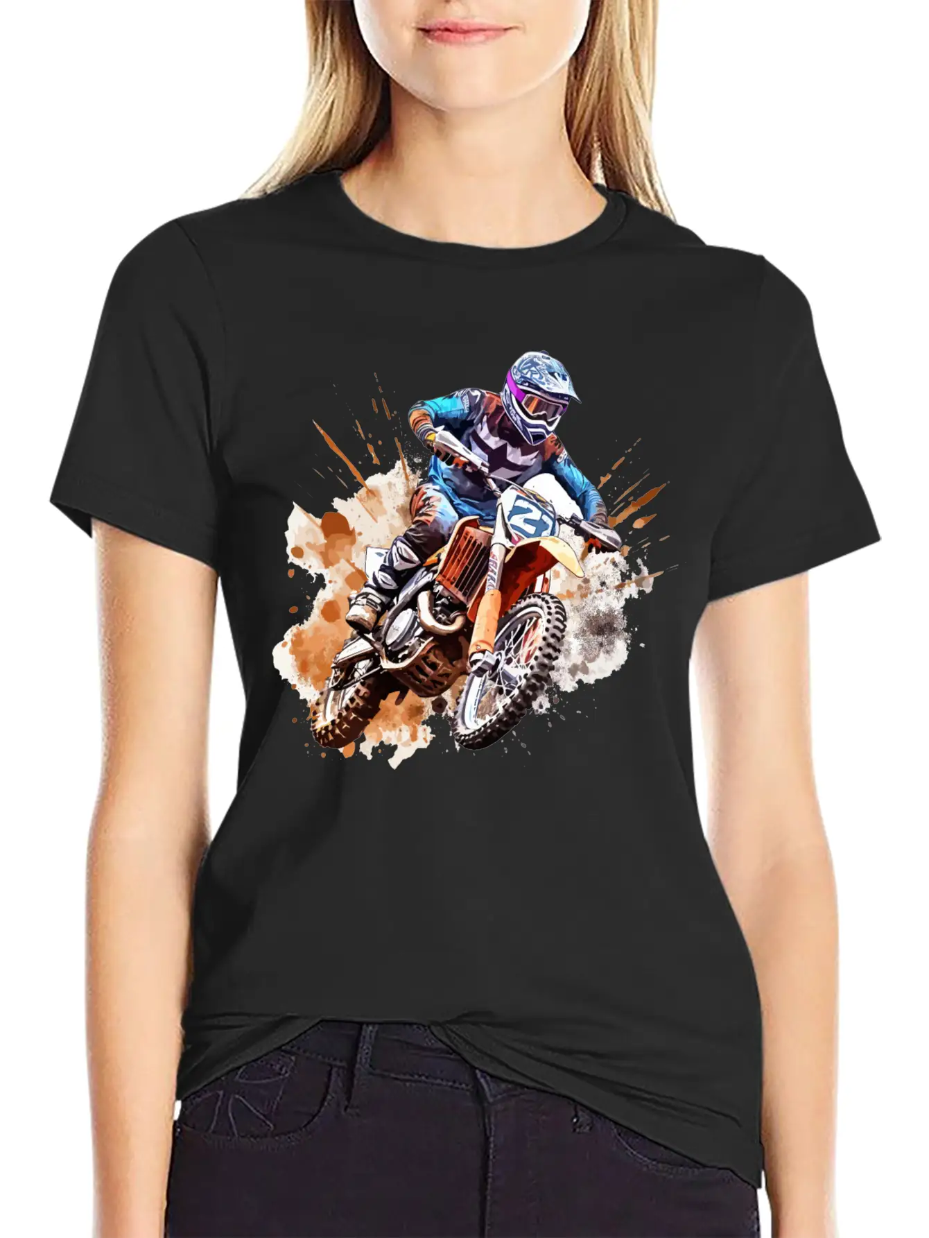 Watercolor Rush - Vibrant Motocross Artwork Unisex Casual T-Shirt – Clean Design For Daily Comfort