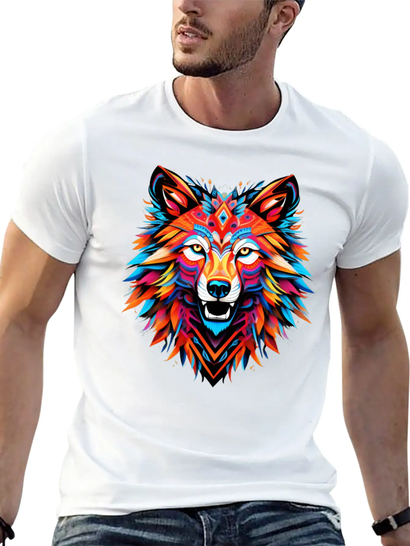 Wolf Spirit Fury: Intricate Guardians Blaze Lightweight Cotton T-Shirt – Daily Comfort Graphic Shirt