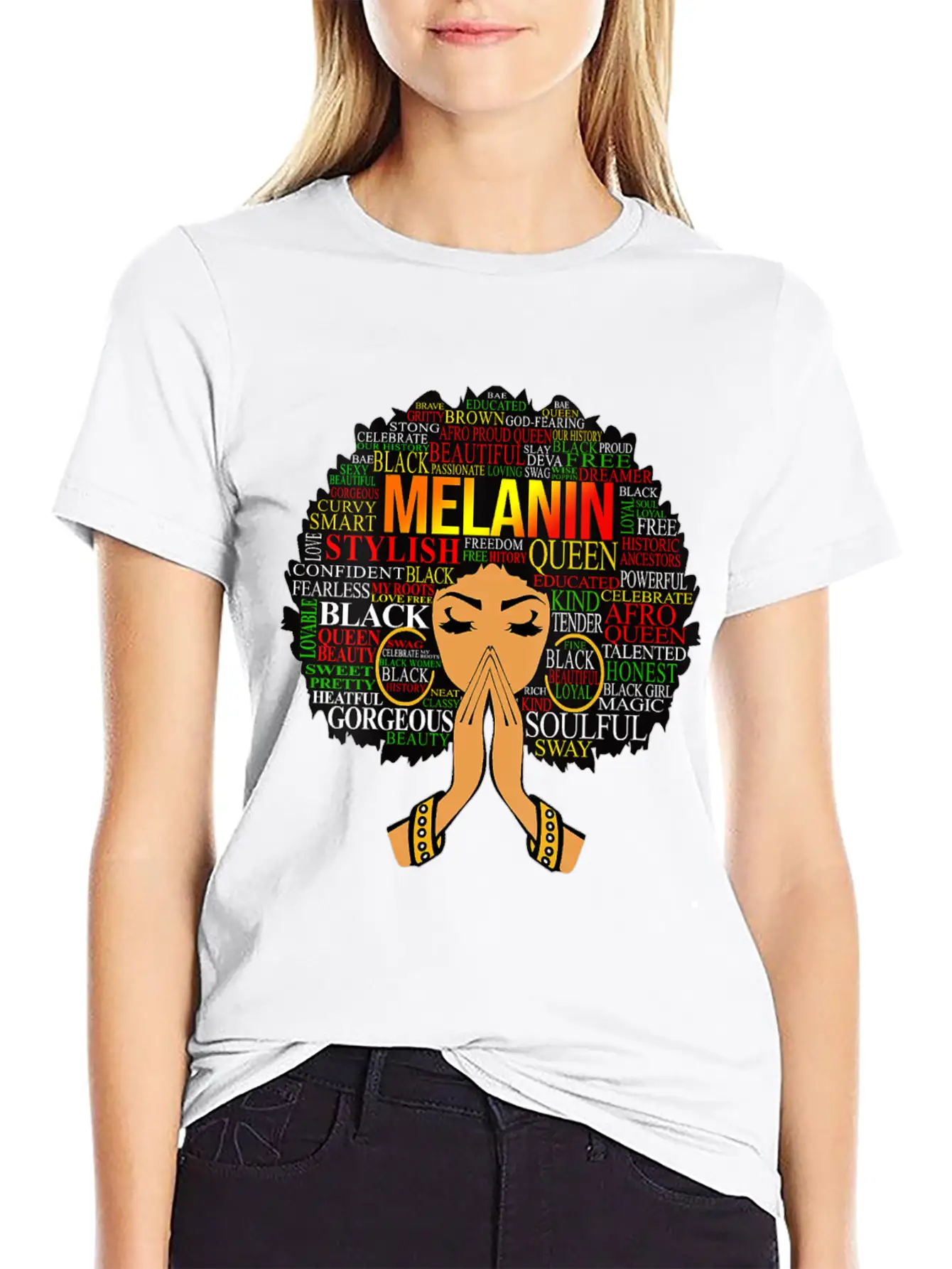 Womens Melanin Words Art Afro Natural Hair Black W Lightweight Cotton T-Shirt – Daily Comfort Graphic Shirt